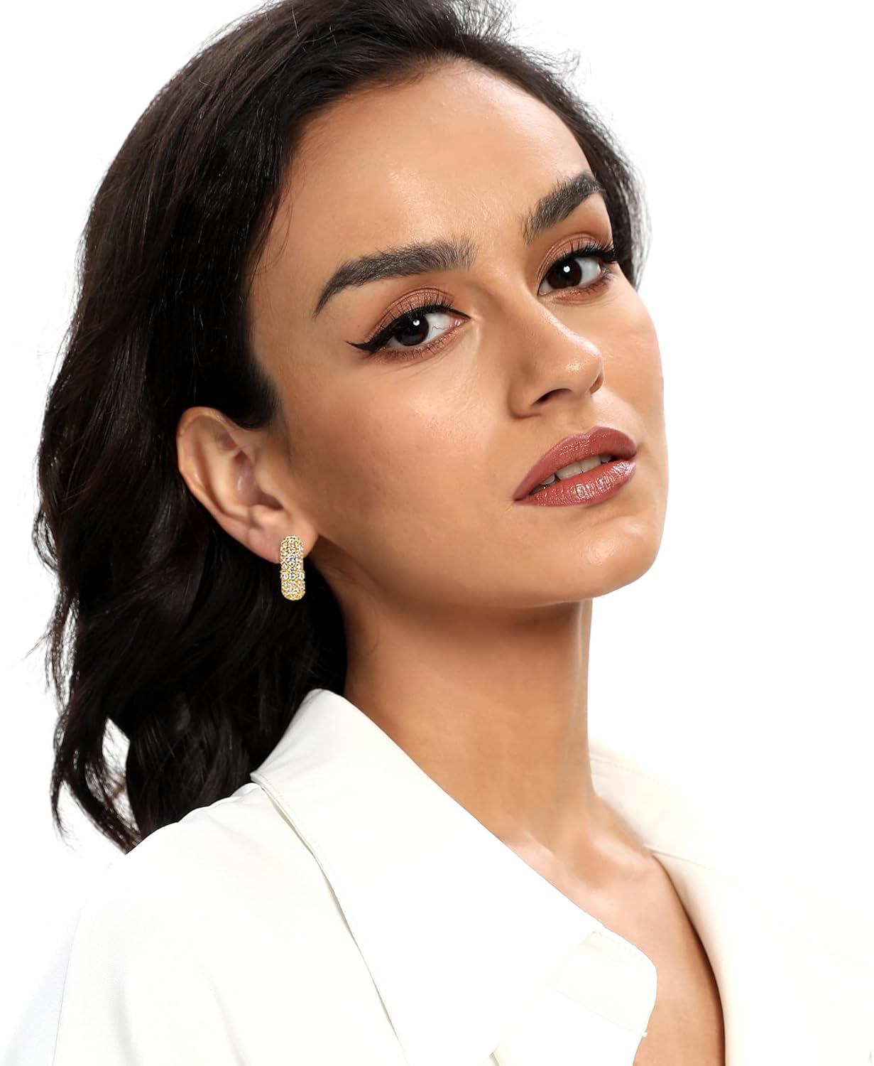 MDFUN Sparkling Cubic Zirconia Earrings for Women Stud Earrings Teardrop C-shape Iced Out Hypoallergenic 18K White Gold/Yellow Gold Plated Earrings - Image 6