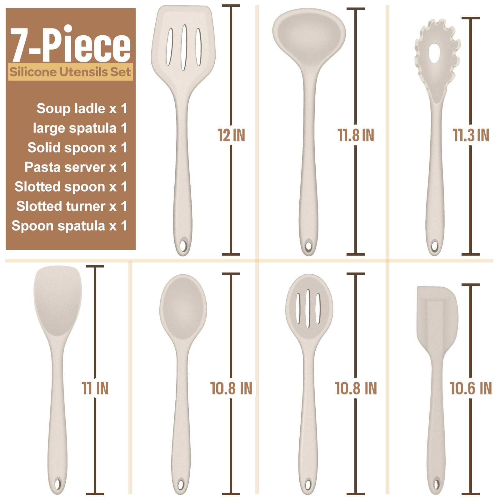 E-far Juego de utensilios de cocina de silicona, 7 piezas, caqui