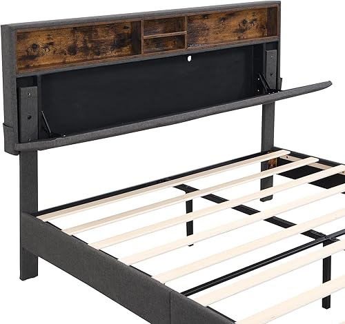 Miniatura 7 de Bellemave Cama de plataforma tapizada Queen con cabecera de almacenamiento y puertos USB, cama tamaño Queen con cabecera de estante, marco de cama