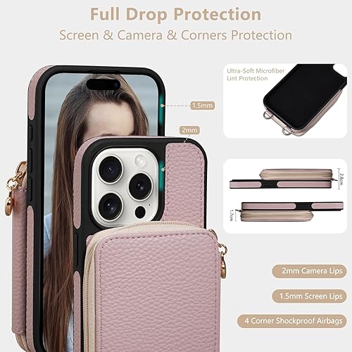 Miniatura 6 de Keallce Funda compatible con iPhone 15 Pro de 6.1 pulgadas, cremallera cruzada con ranuras para tarjetas de bloqueo RFID, soporte, cordón y correa