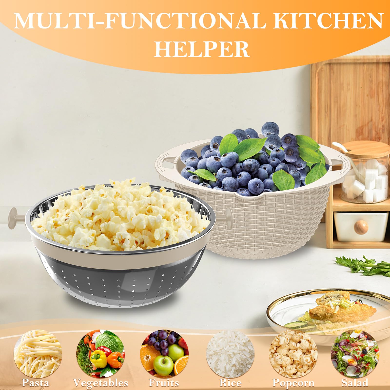 Colador 4-1 con juego de cuencos, coladores y coladores de alimentos, cuenco para lavar frutas con colador, colador giratorio para cocina, accesorio de cocina estético, color beige 5