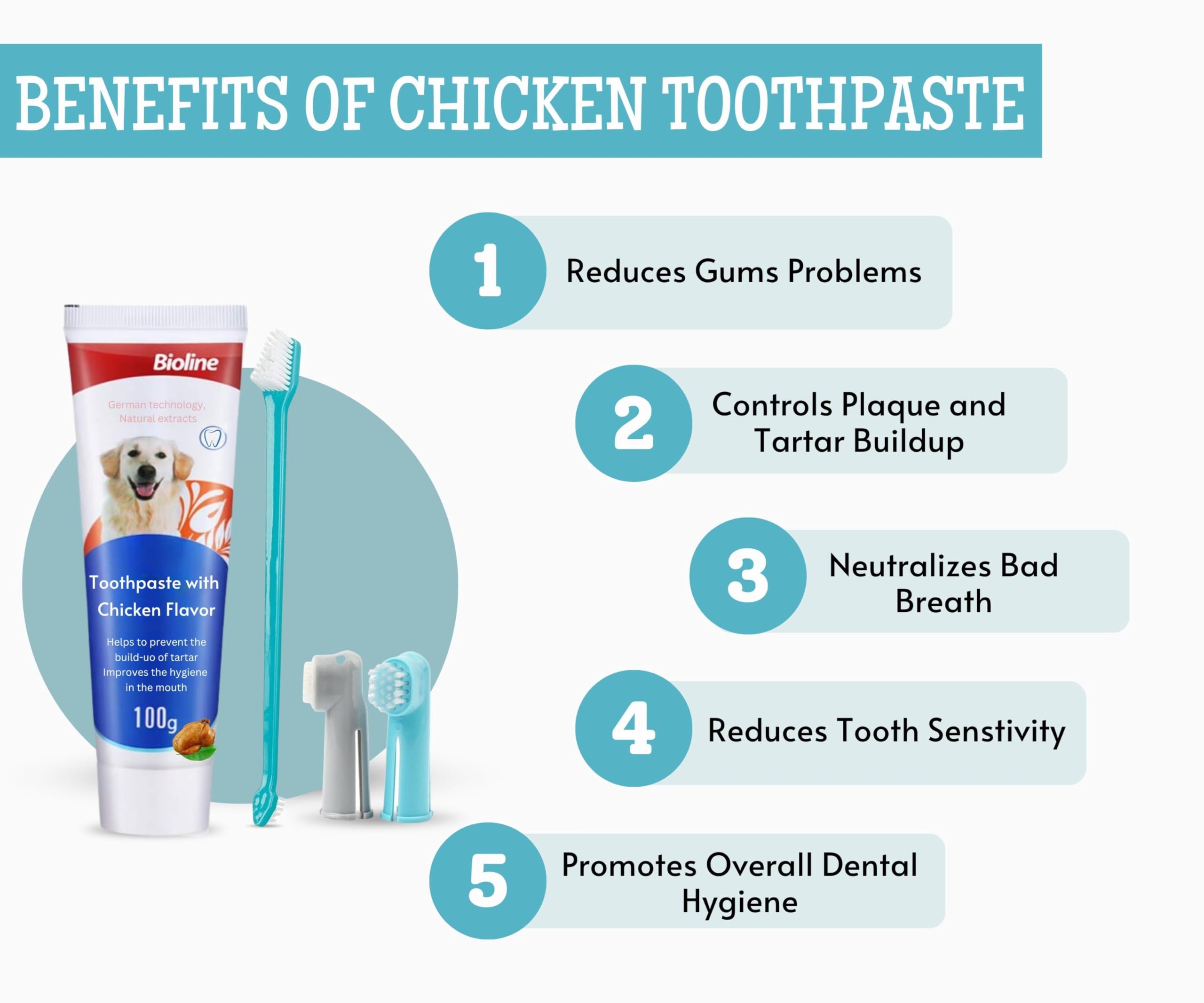 Foodie Puppies Dental Care Kit - 3pcs (Chicken Flavor Toothpaste + 1pc Long Brush and 2Pc Finger Brush) I Bio Enzyme and Natural Ingredients Enzymatic Toothpaste Suitable for All Dogs and Puppies 1