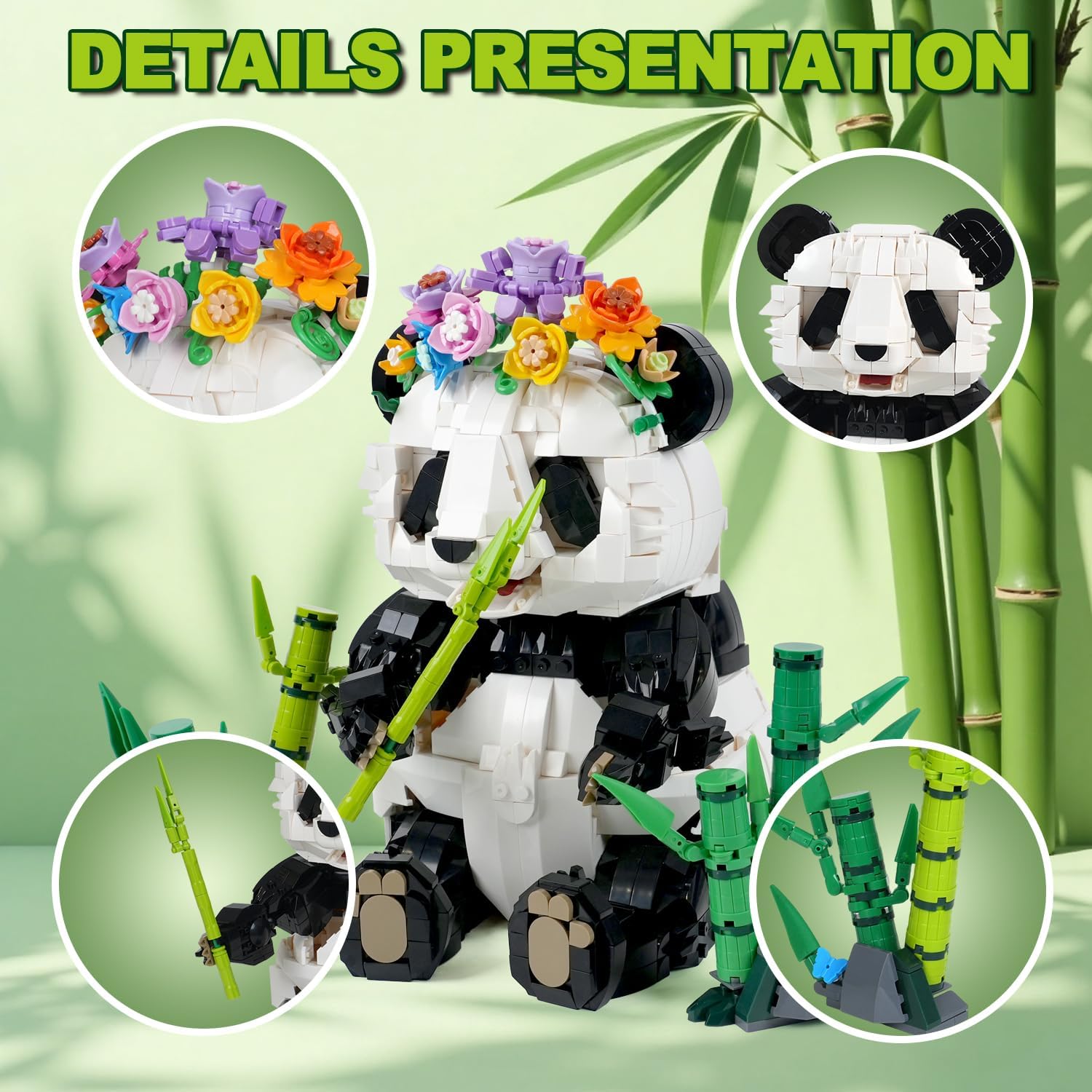 Panda Bamboo Forest Building Blocks Set - 1500+ Pieces STEM Toy for Boys & Girls Ages 6-14+, Movable Joints & Detachable Floral Crown, Home/Office Decor Kit, Birthday Gift for Kids & Adults