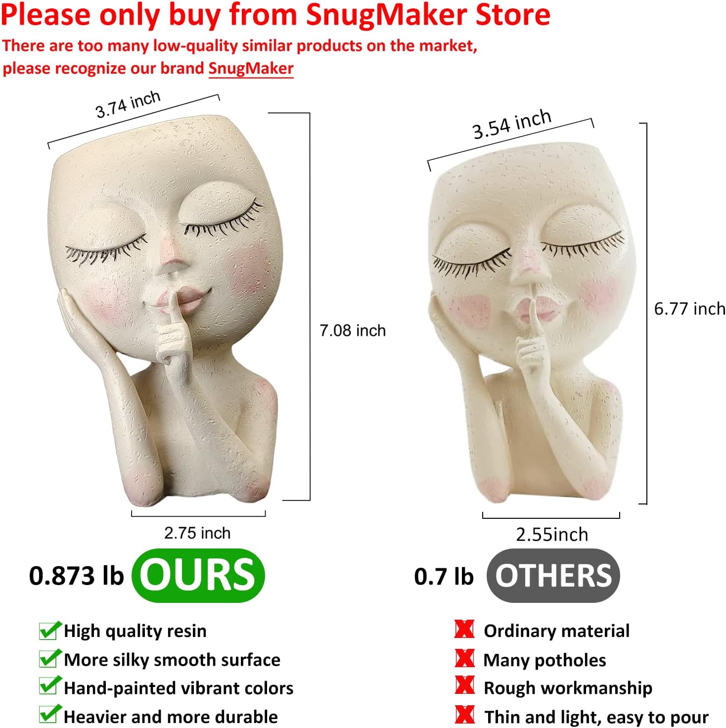 SnugMaker Face Planter Pots Head Planter, Succulent Planters, Face Flower Pot Head Planter for Indoor Outdoor Plants with Drainage Hole Closed Eyes(Light) : Patio, Lawn & Garden