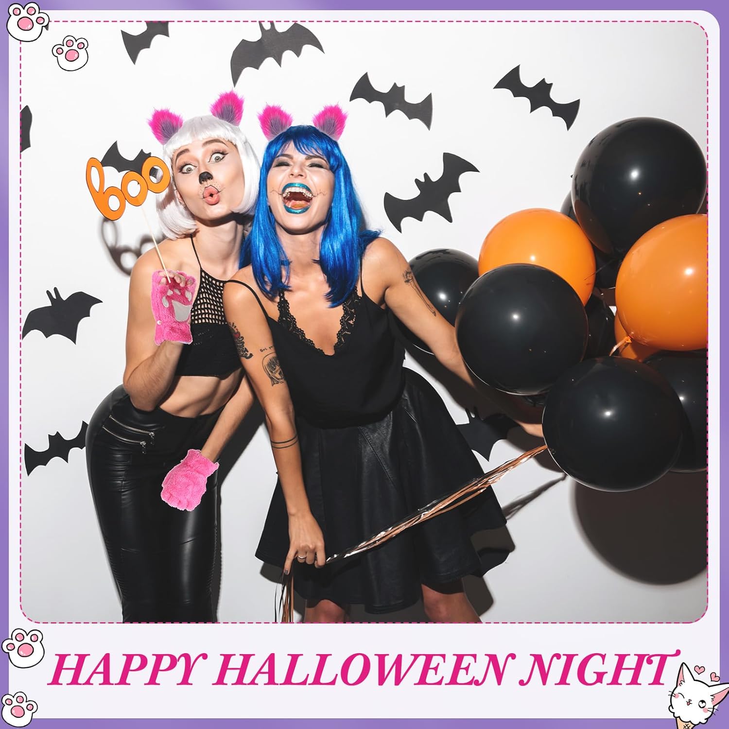 Suhine 5 Pcs Halloween Pink Purple Striped Cat Costume Include Cat Ears Tail Striped Legging Tutu Skirt Gloves for Girl Women - Image 7