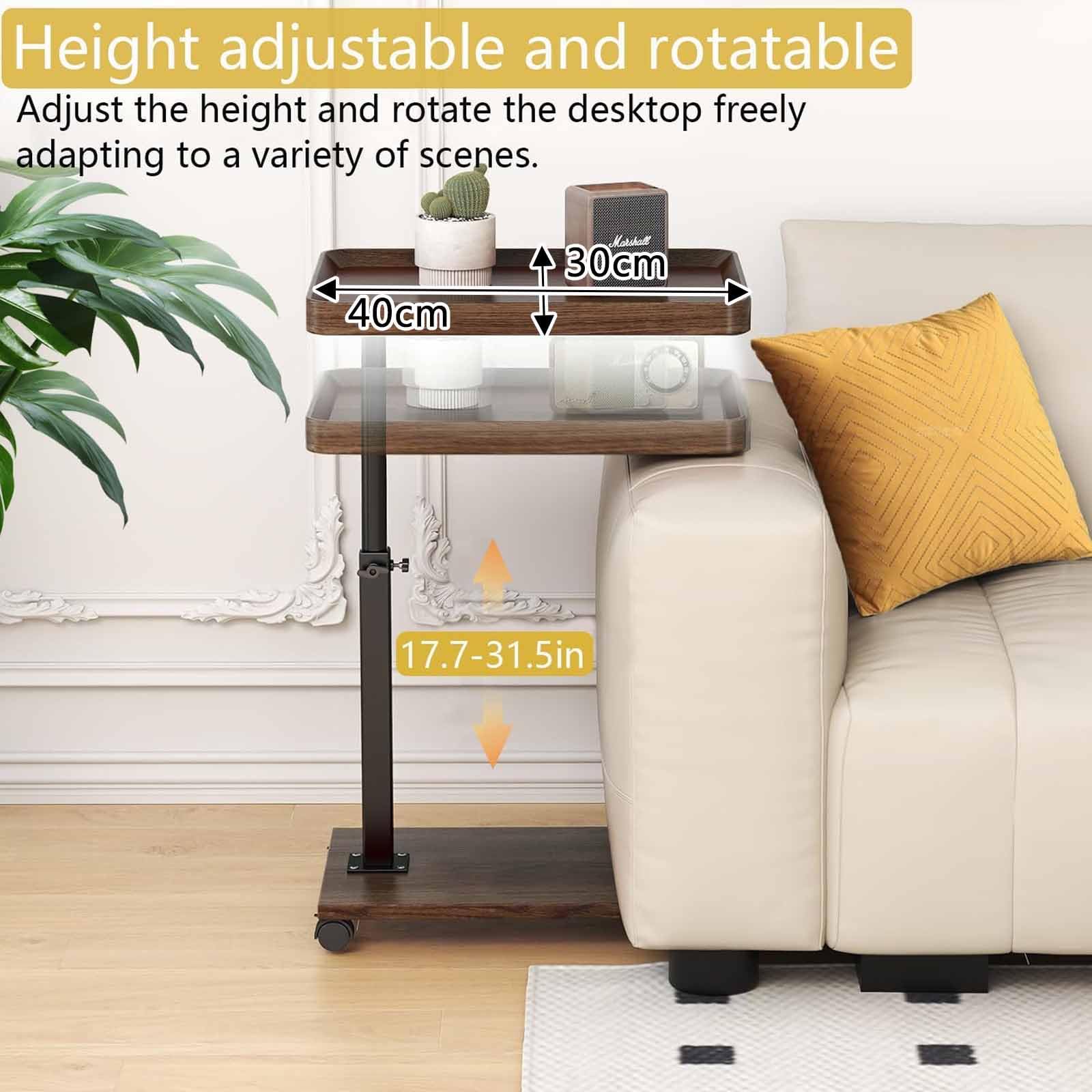 Mesa Auxiliar C Ajustable en Altura, Bandeja giratoria de 360° para TV, Ideal para Espacios pequeños, mesas auxiliares Que se Deslizan Debajo del sofá, Laterales con Ruedas, Perfec