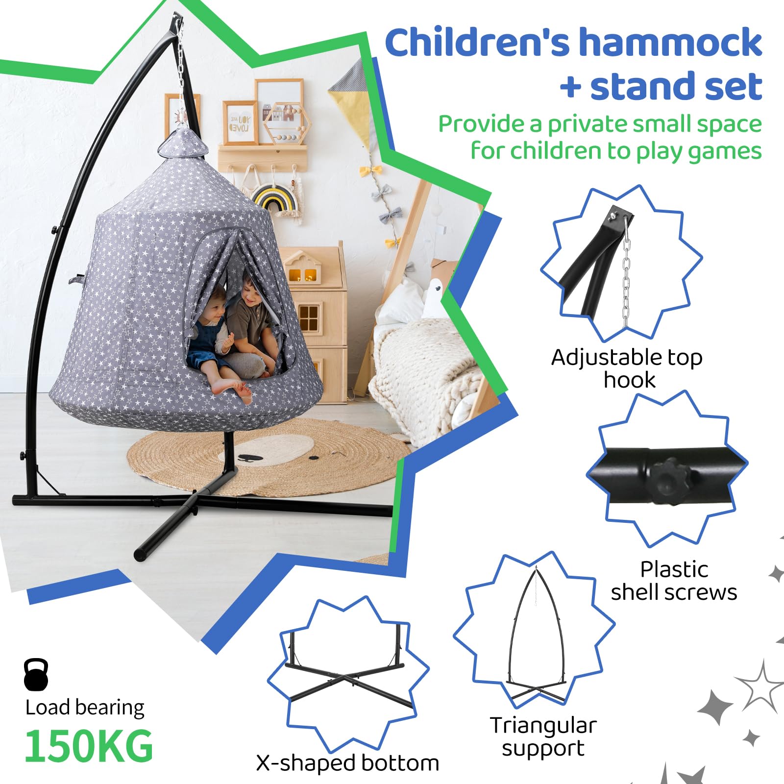 MAMIZO Hängesessel mit Gestell Outdoor&Indoor,150kg Hängehöhle,213×112×112cm Hängematte,Hänge Spielzelt,Schaukel Garten,Camping Hängezelt,int LED-Leuchten,mit aufblasbarem Kissen