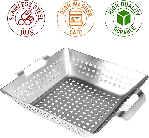 Miniatura 6 de Grisun Cestas para parrilla de verduras, 3 unidades, canastas resistentes para parrilla al aire libre con asa, cestas de verduras de acero