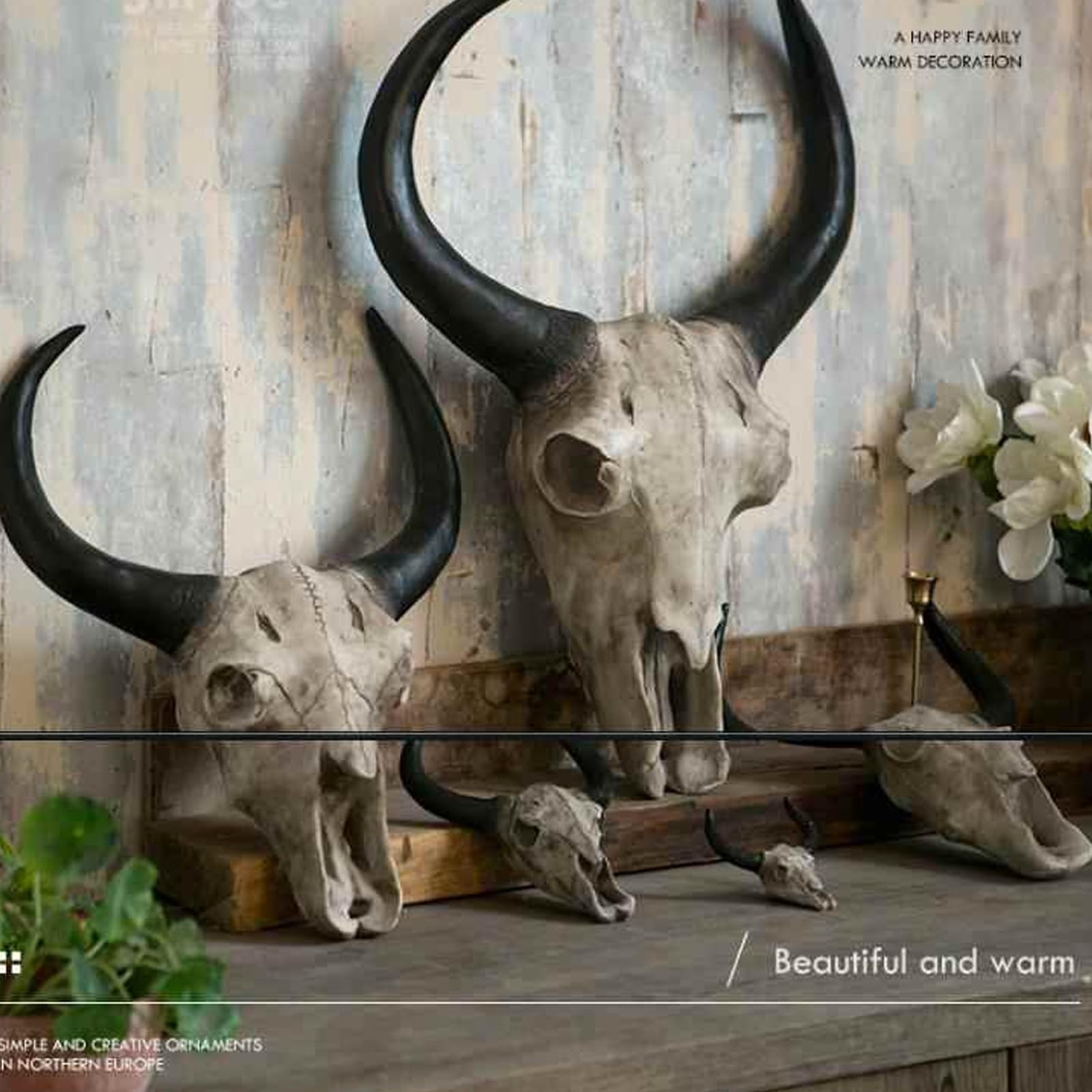 Decorazione da parete a forma di teschio lungo in corno – finto teschio di mucca tassidermia per decorazione domestica rustica e occidentale