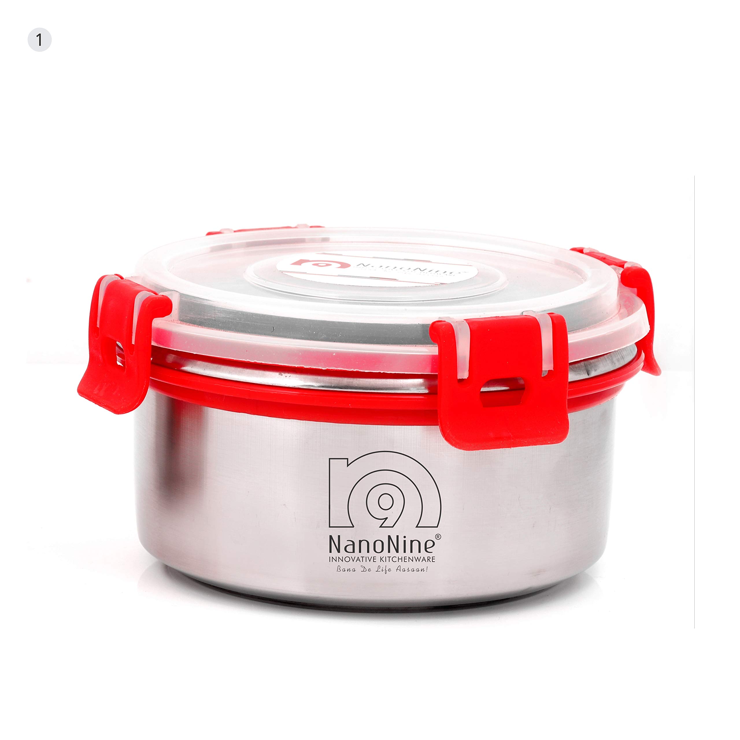 NanoNineUni-Qlip Stainless Steel Lunch Box Set with Detachable Clips, 450 ml, Red