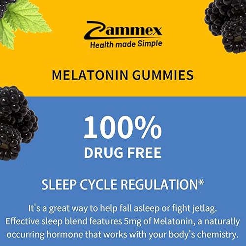 Miniatura 6 de Zammex Gomitas de melatonina de 5 mg  60 unidades  Suplemento para dormir para adultos  Gomitas de ayuda para dormir sin drogas  Sabor natural a