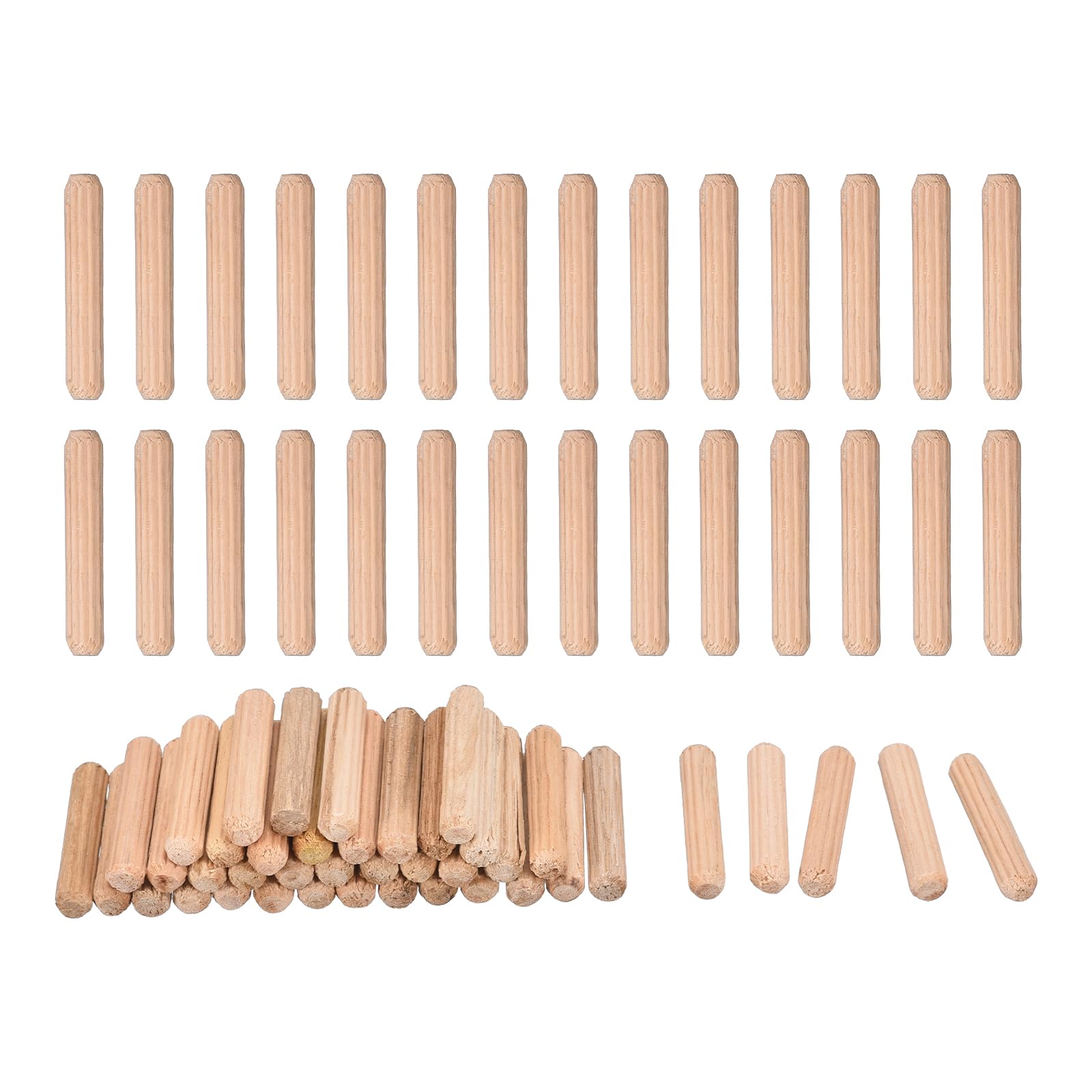 uxcell 60 Pcs Wooden Dowel Pins 5x30mm(0.2x1.18) Fluted Beveled Ends Wood Dowel Pegs Dried Hardwood for Woodworking Furniture Shelf