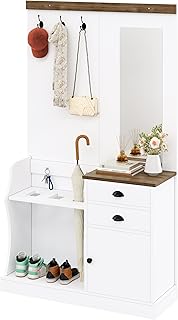 Azkoeesy Juego de perchero con espejo, 3 ganchos, 2 cajones y zapatero, paraguas, 110,5 x 38 x 191 cm (largo x ancho x alto), color blanco con natural