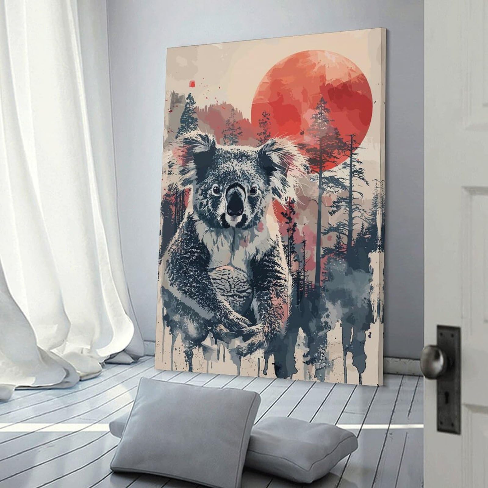 Junmoney Frame-Style-24 Canvas Wall Decor Koala Red Sun Watercolor, 24X36inch(60X90cm), For Living Room, Bedroom Or Apartment Walls, A Home Accent With Warm Character