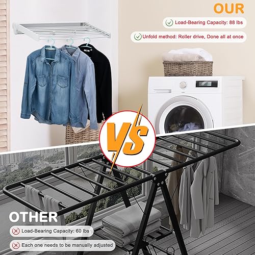 Miniatura 3 de Estante de secado montado en la pared, plegable de aluminio, capacidad de 88 libras, estante de lavandería plegable para secar ropa (blanco)