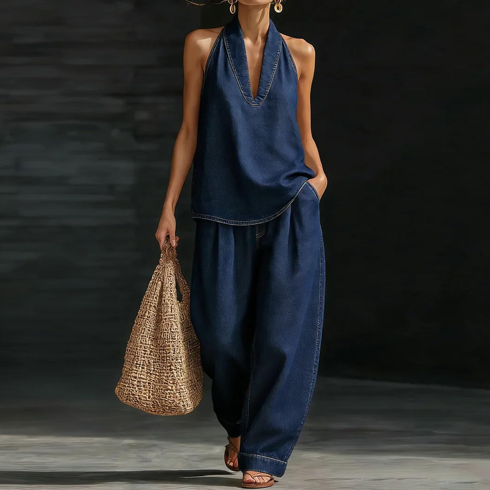 Conjunto Verano Mujer de 2 Piezas Vaquero, Ropa Primavera Casual Elegante, Deportivo Top Cuello en V y Pantalón Ancho Suave, Conjunto Tallas para Viajes y Vacaciones Playa