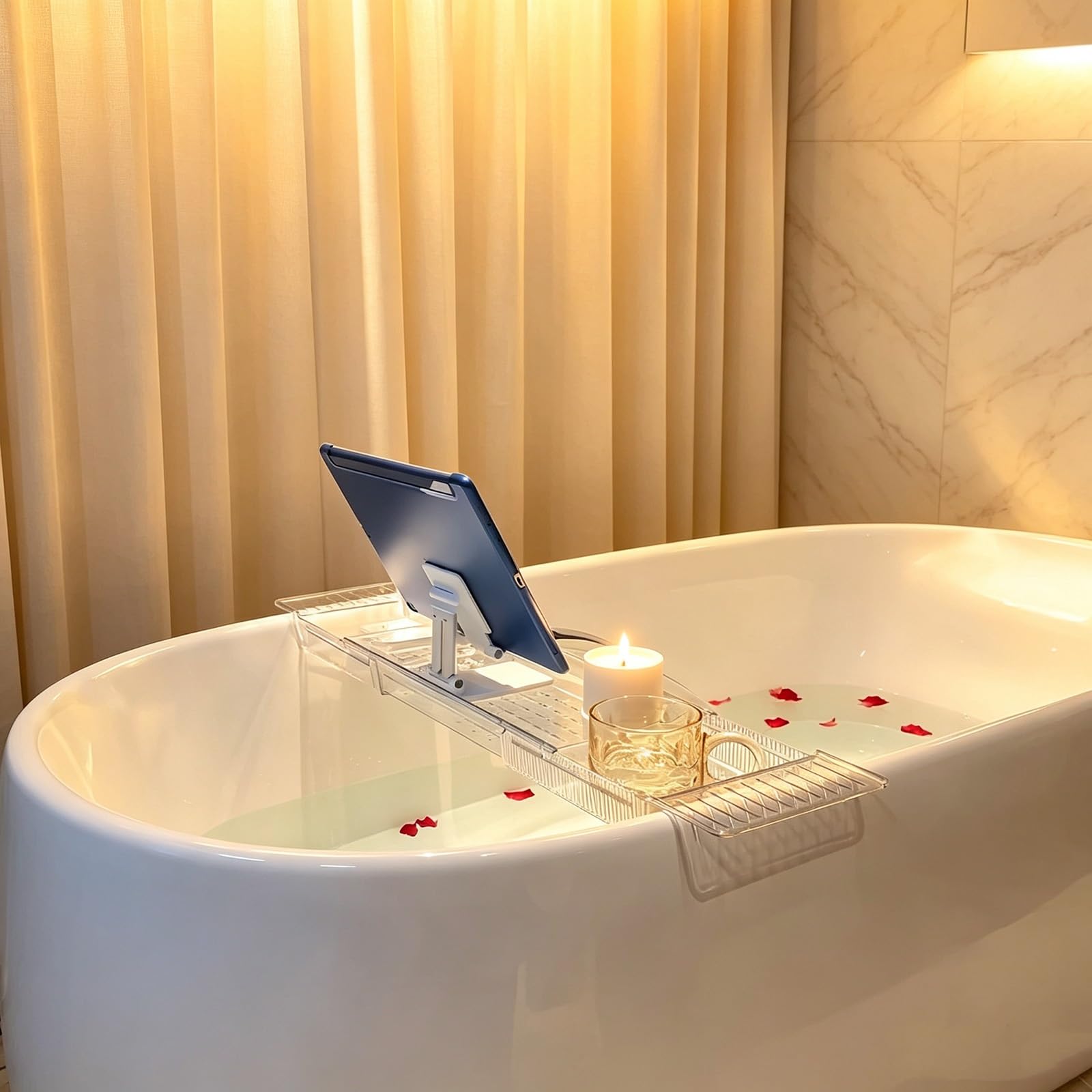 Mensola Estensibile in Plastica per Spa 56 a 80cm, Portata Massima 5kg | Cestino Antiscivolo per Vasca da Bagno per Accessori da Bagno Libri e Vino Adatto Alla Maggior Parte Delle Vasche