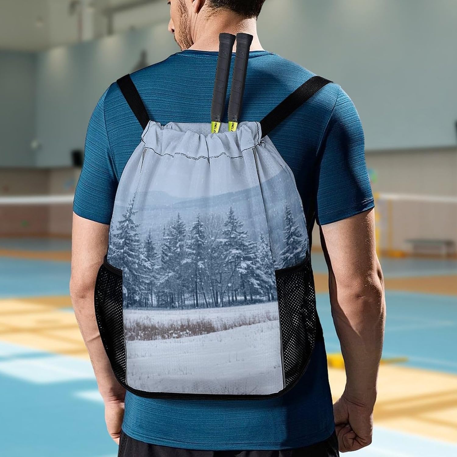 Small Gym Bag Pine Snow Mountain Printed Drawstring Gym Bag for Men Lightweight Waterproof Drawstring Backpack for Women with Shoe Compartment for Travel Tourism Work And Fitness