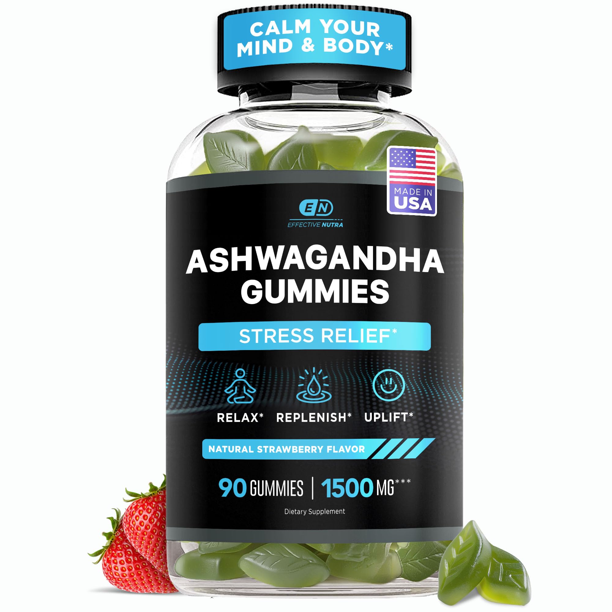 Effective Nutra Ashwagandha Gummies 1500mg | Stress Relief, Immune Support, Calm Mood, Energy | Natural Berry Flavor | 45-Day Supply | Vegan, Gluten-Free, Non-GMO | Supplement for Men & Women (90ct)