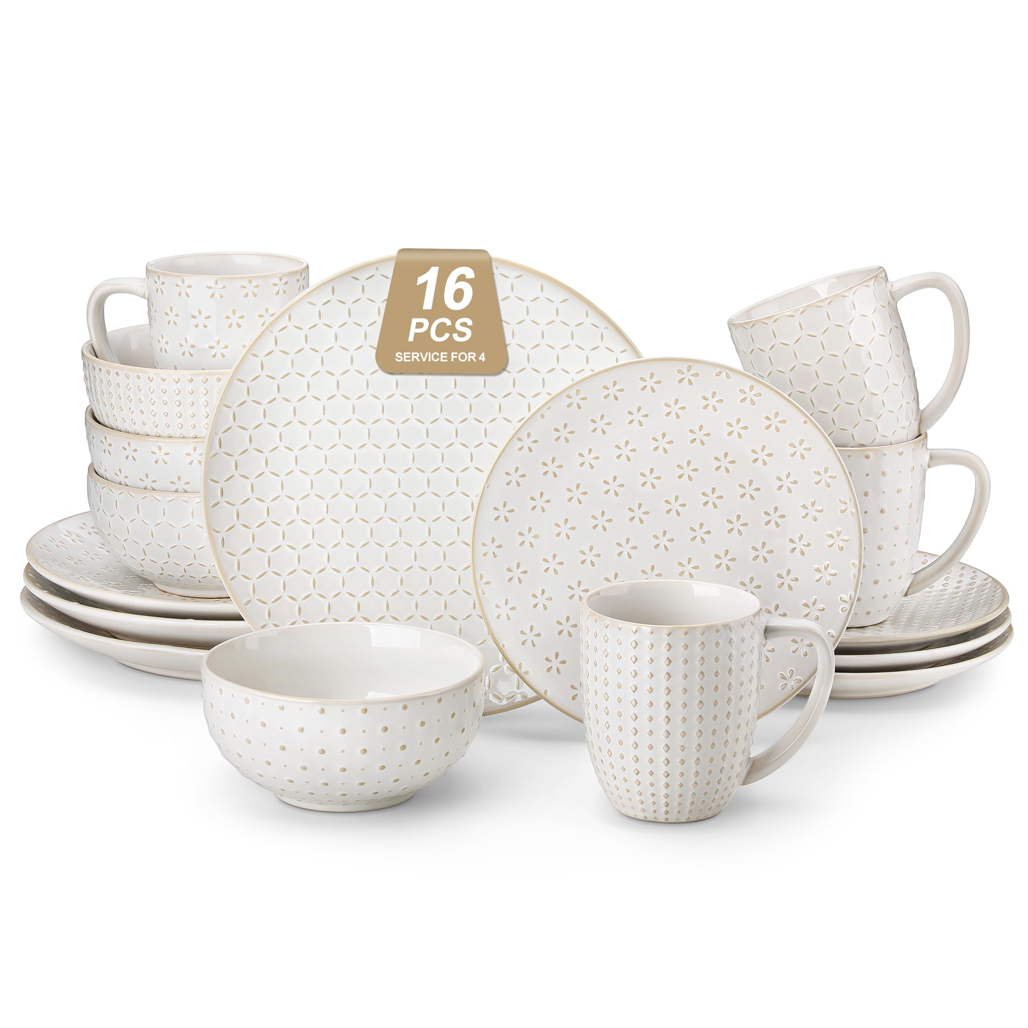 MALACASA 16 Pieces Dinnerware Set, Farmhouse Style Stoneware Plates and Bowls Sets for 4, Embossed Boho Ceramic Dish Set with Mugs, Microwave & Dishwasher Safe, Series LYDIA