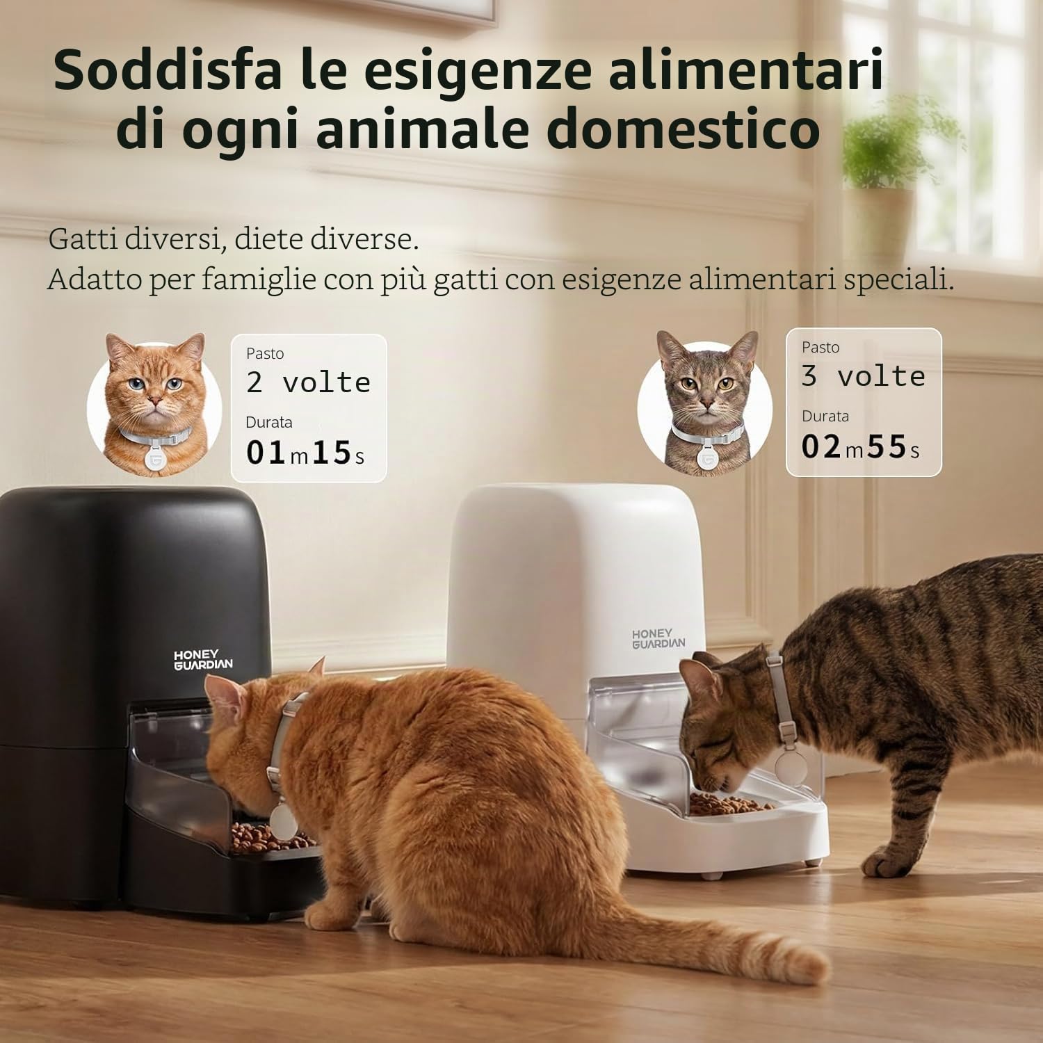 HoneyGuaridan 4.6L RFID Dispenser Crocchette Gatto con WiFi 5G e Antifurto | Distributore Automatico Cibo Gatti con Collare, Nutrizione su Misura, Monitoraggio Dietetico, Antifurto, Ciotola in Ceramica