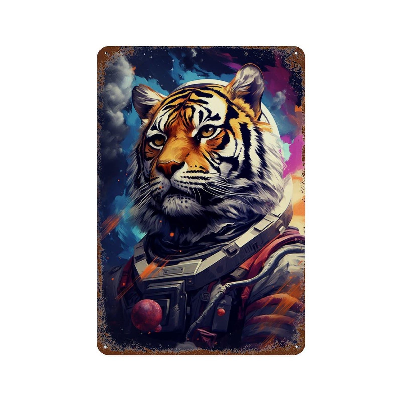 Rust Effect Tiger Astronaut Space Suit-6 Distressed Metal Wall Sign 11.8"x7.9", Farmhouse Wall Decor for Office, Studio And Wall Decor