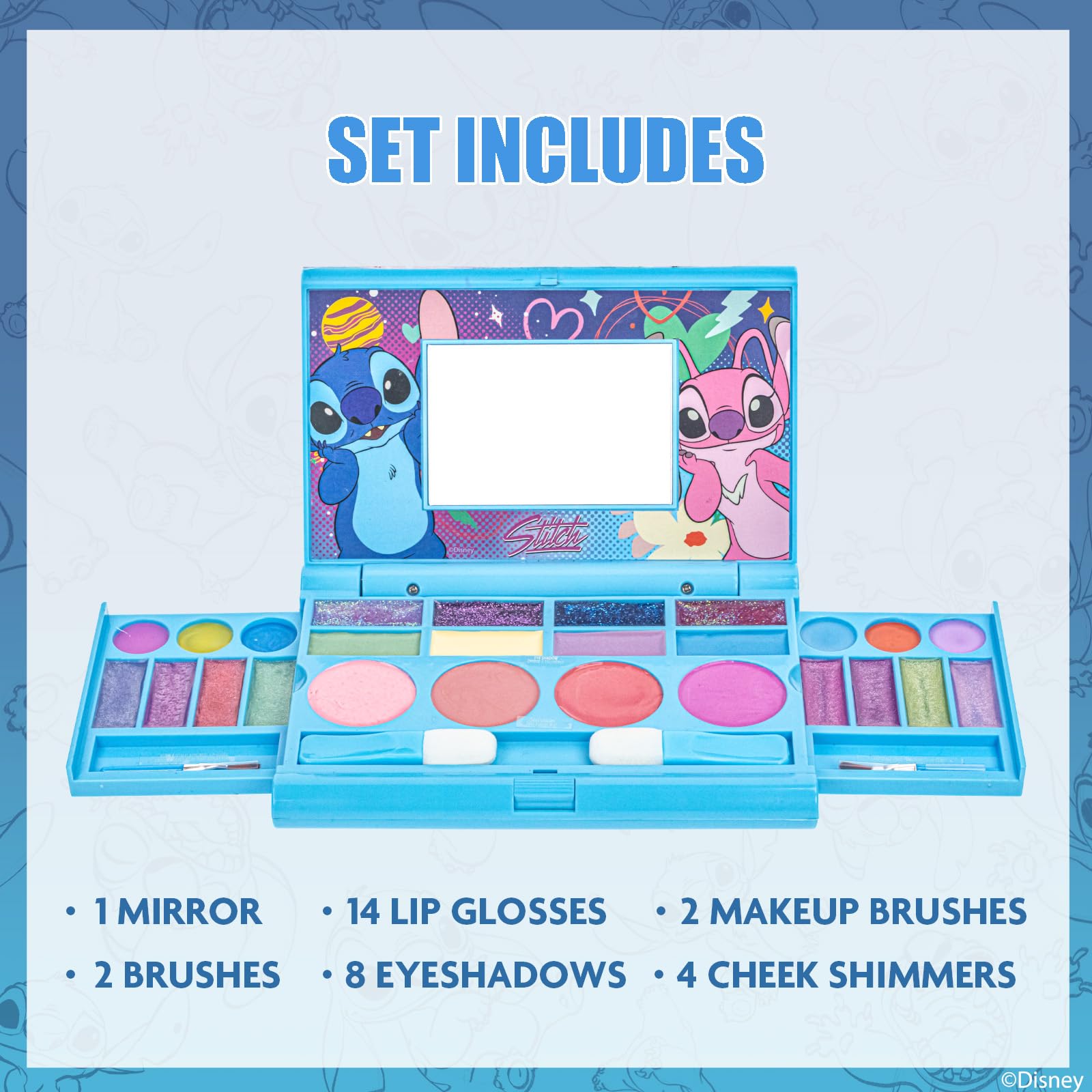Stitch Coffret Maquillage Gloss, Ombres, Blush & Pinceaux Portable