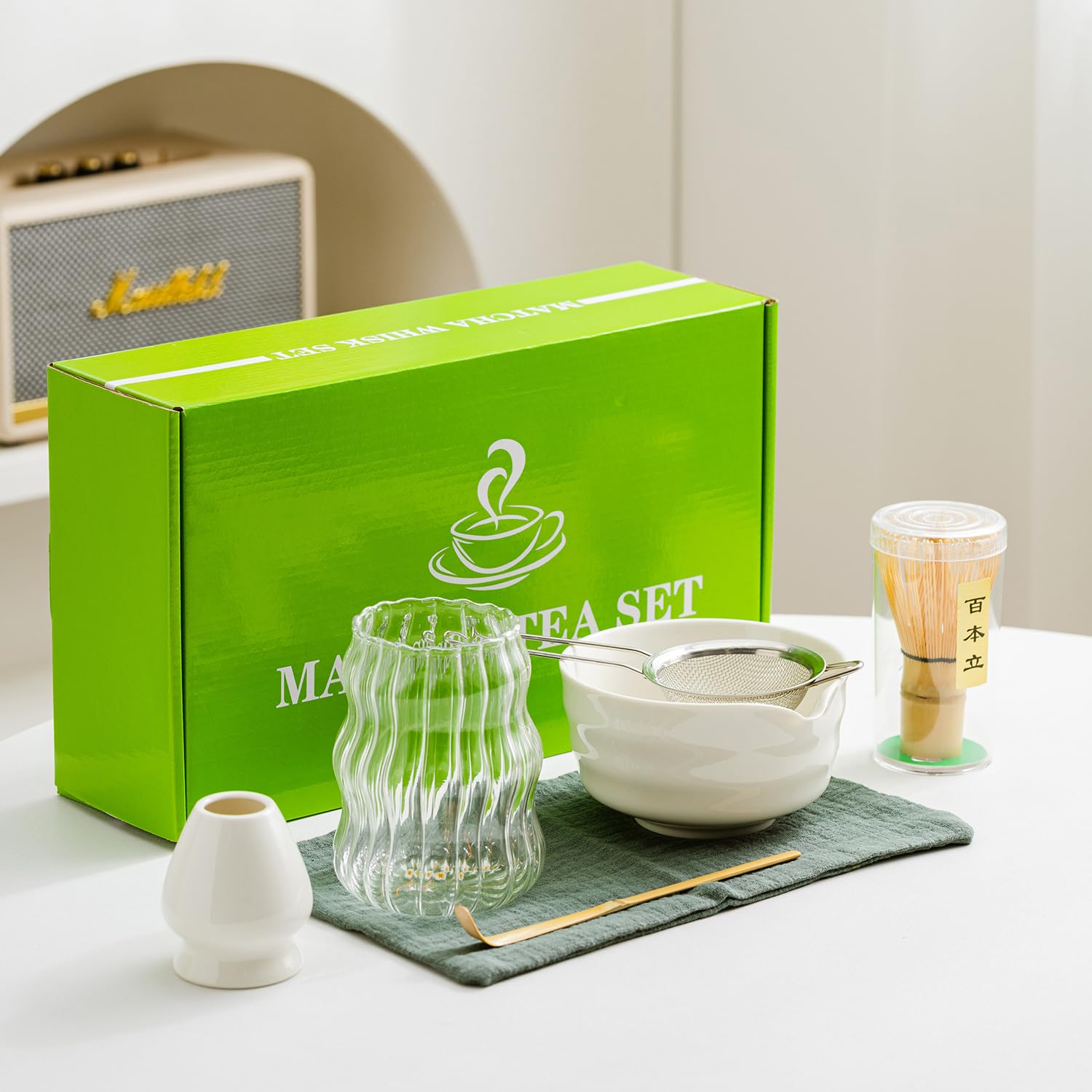 zolyet Service à thé matcha japonais authentique 7 pièces avec fouet, bol, cuillère, bec verseur, verre complet dans une boîte élégante pour traditionnel et moderne