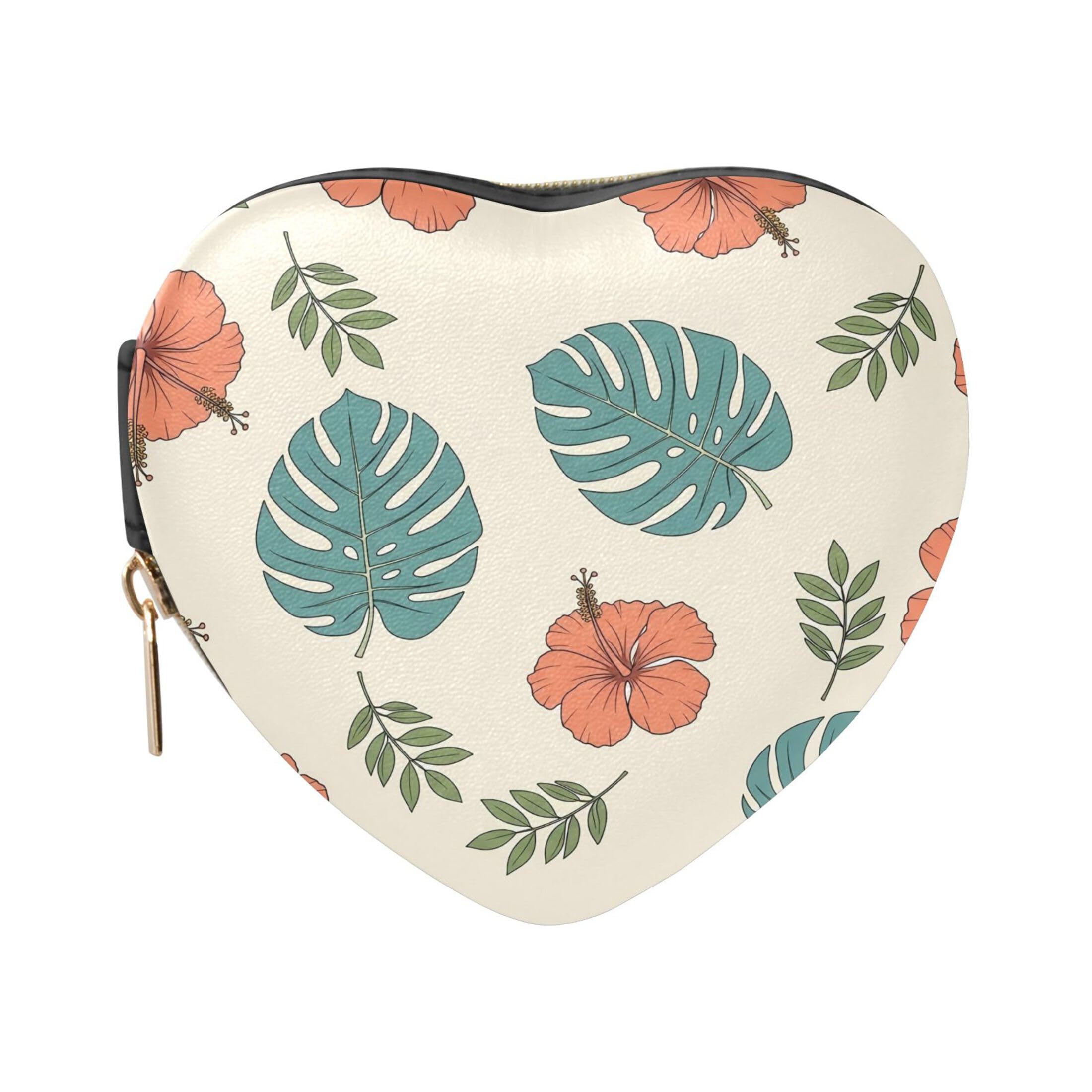 Fuauuyl Hibiscus Monstera Leaves Small Jewelry Box Heart-Shaped Jewelry Case, Portable Travel Organizer Bridesmaid Proposal Gift for Women Girls