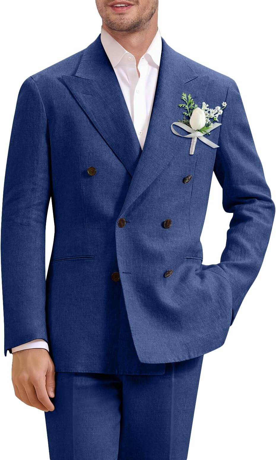 Mens Suit Linen 2 Piece Suits for Men Peak Lapel Slim Fit Suit Set Double Breasted Tuxedo for Wedding Prom