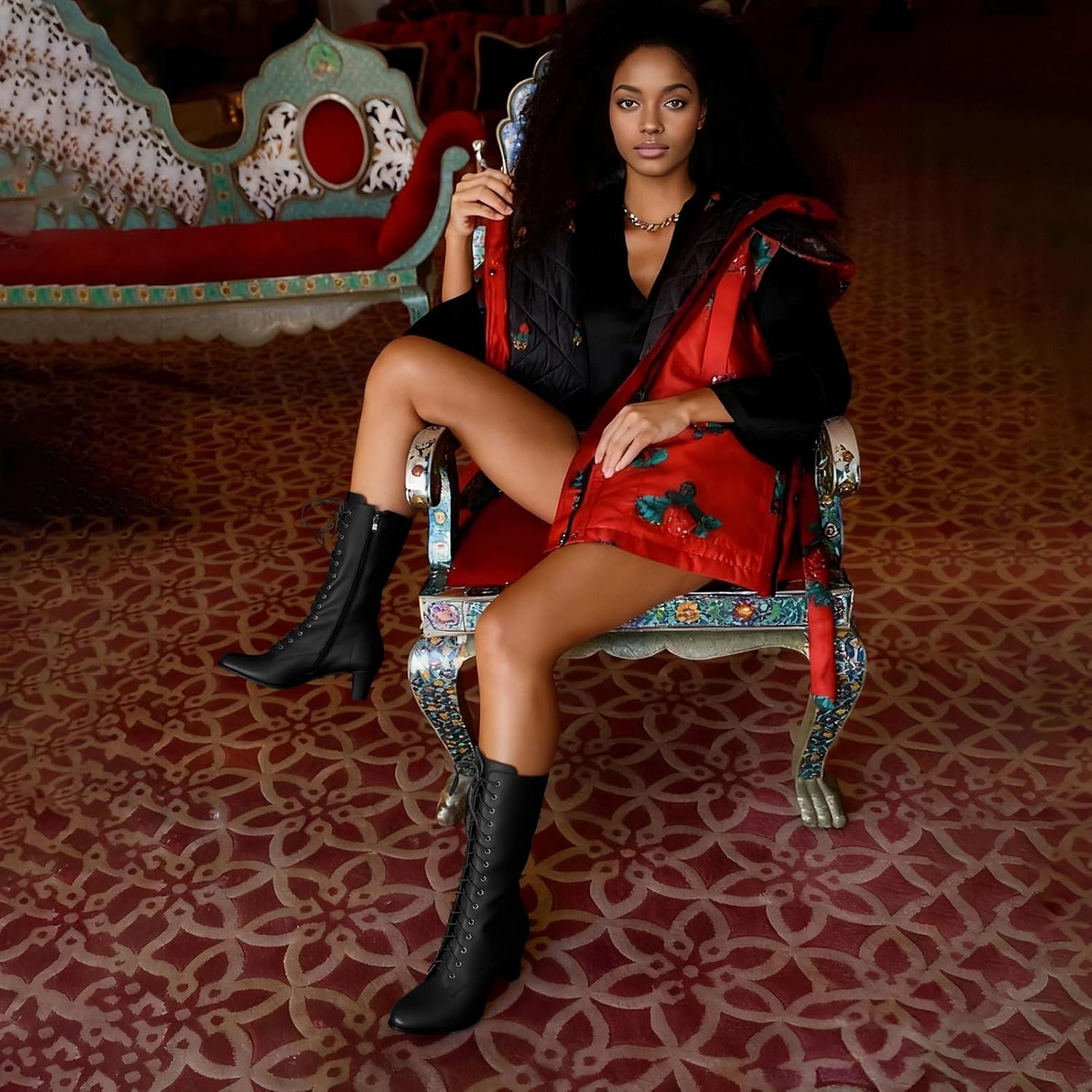 Cozivwaiy Women Vintage Victorian Boots 70s Lace up Ankle Boots Mid Heel Witch Granny Booties Costume Shoes Cone Heel Zipper Almond Toe - Image 3