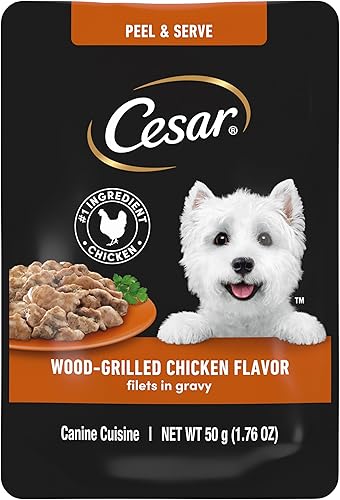 Cesar Filets in Gravy - Alimento húmedo para perros con sabor a pollo a la parrilla de madera, 1.76 onzas, mini bolsa, paquete de 20