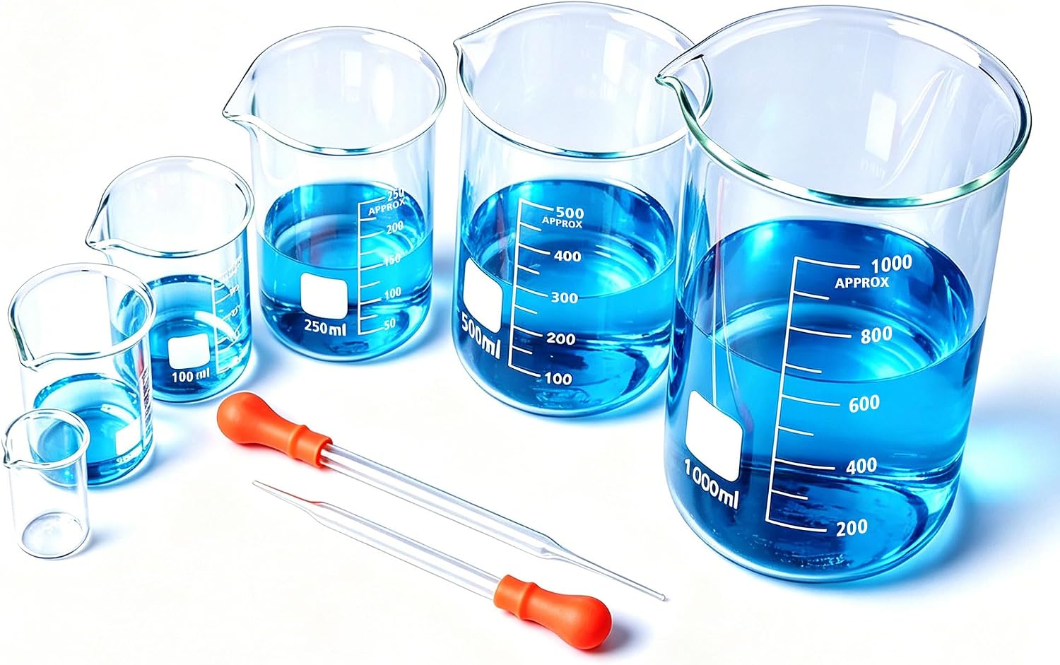 Glass Beaker Set, 10ml 50ml 100ml 250ml 500ml 1000ml Graduated Low Form Borosilicate Glass Measuring Beakers with 2Pcs Pasteur Pipettes, Heat Resistant Lab Cups for School & Home Science Experiments