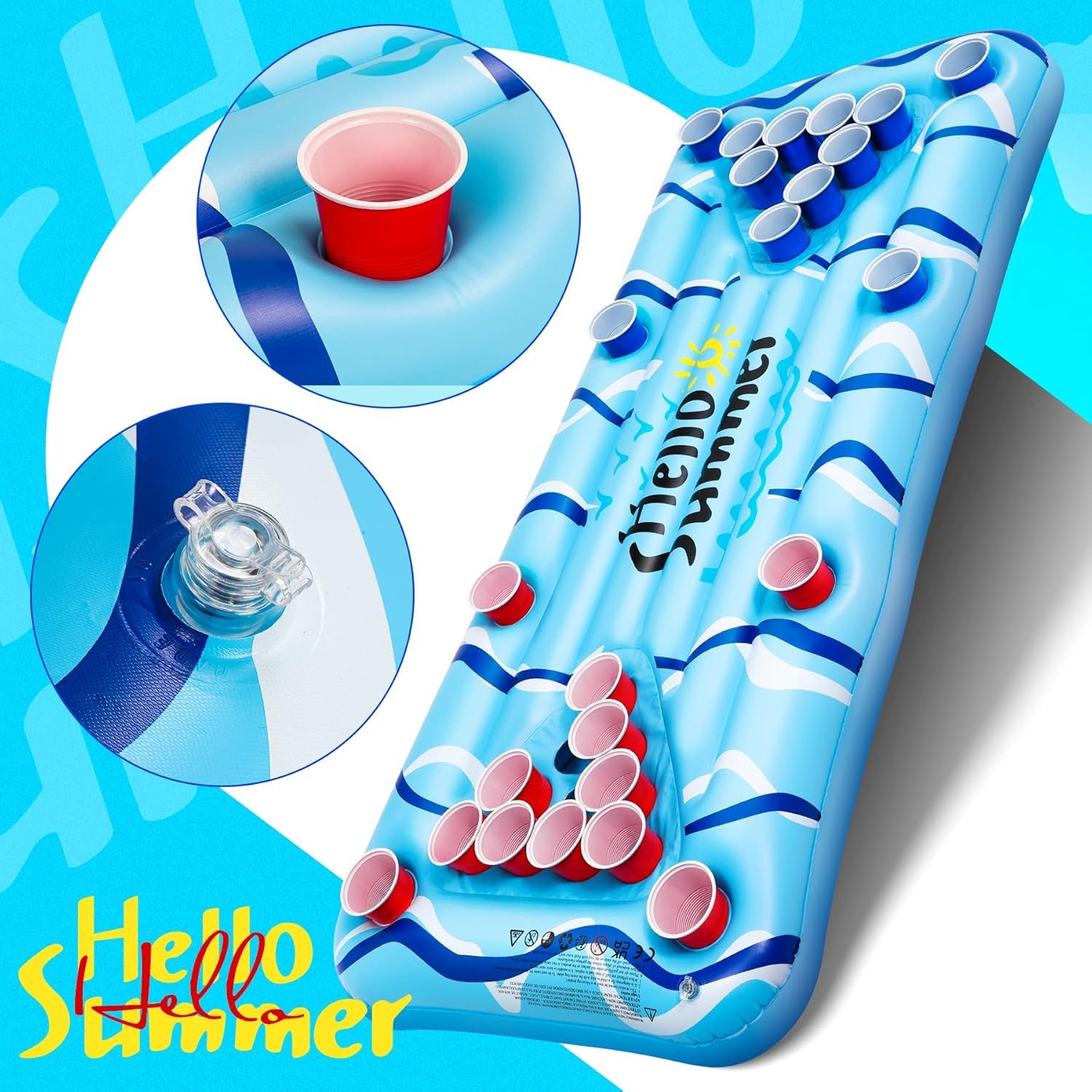 Pong Galleggiante 175x75cm - Gonfiabile Piscina con 24 Portabicchieri, Materassino Gonfiabile Mare per Adulti, Giochi Piscina Adulti con 24 Bicchieri e 2 Palline, Ideale per Relax Estivo