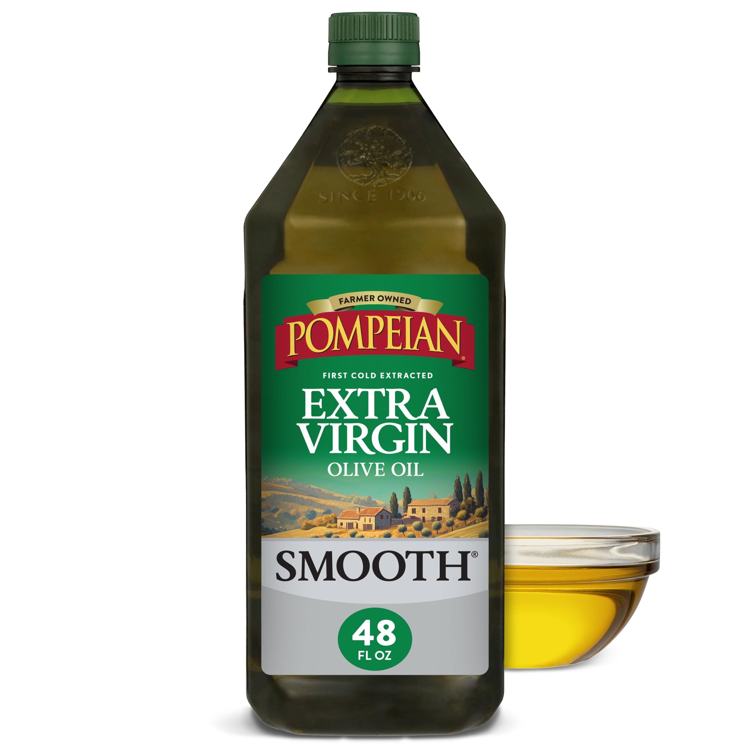 Pompeian Smooth Extra Virgin Olive Oil - 48 Fl Oz - First Cold Pressed Olive Oil for Cooking - Smooth Taste for Sauteing, Stir-Frying, and Baking