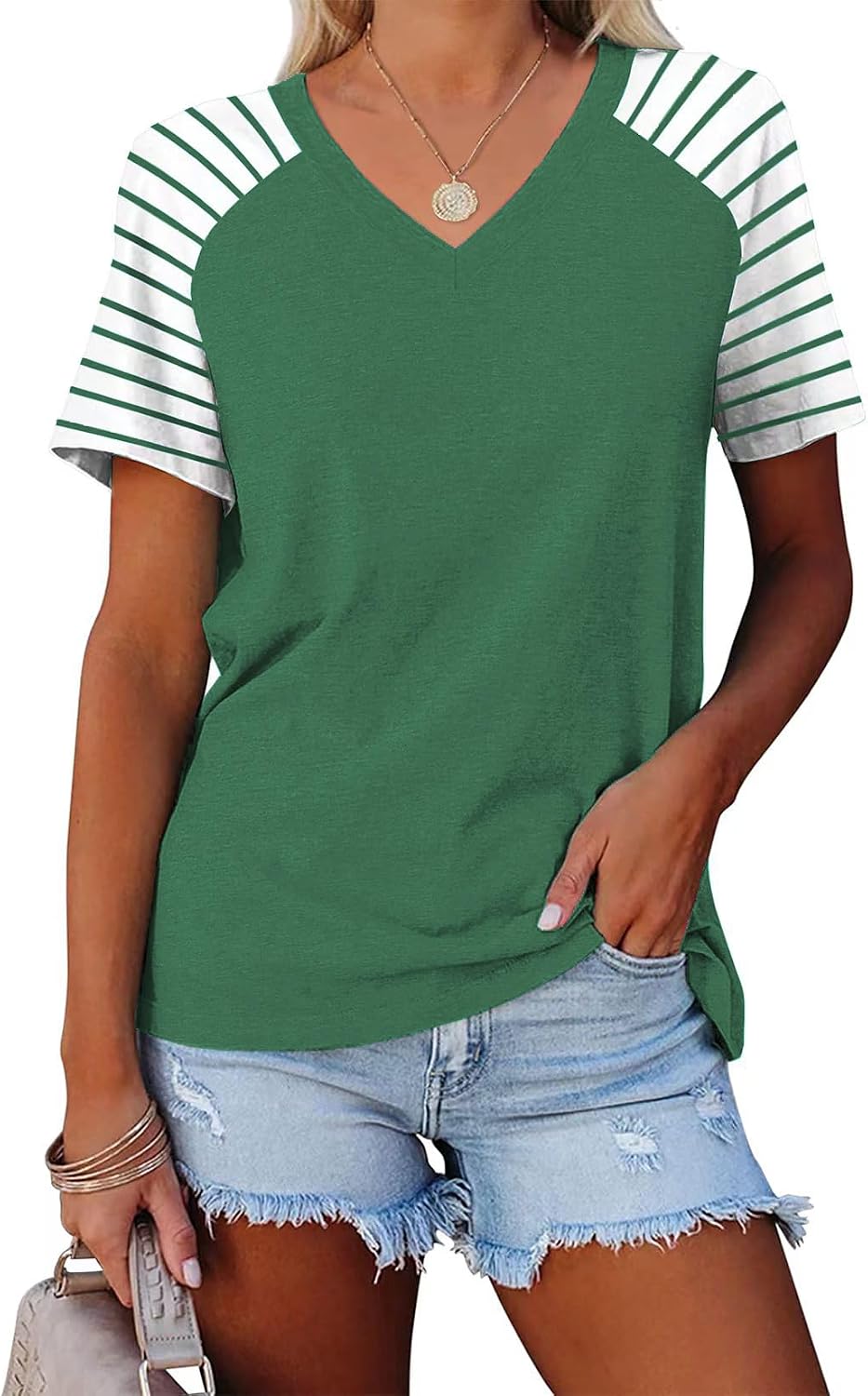 Womens Tops Summer Short Sleeve Shirts Raglan Striped T-Shirts