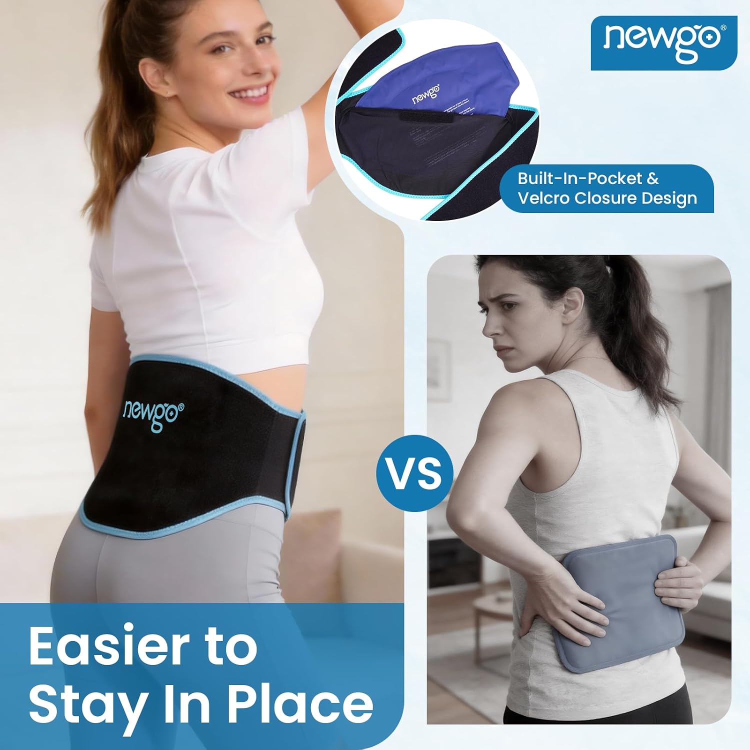 NEWGO Gel Ice Pack for Back Injuries and Pain Relief, 2 Pack Lower Back Ice Pack Wrap for Hot Cold Therapy, Lumbar Surgery, Sciatica, Herniated Disc, Coccyx Tailbone Pain - Black