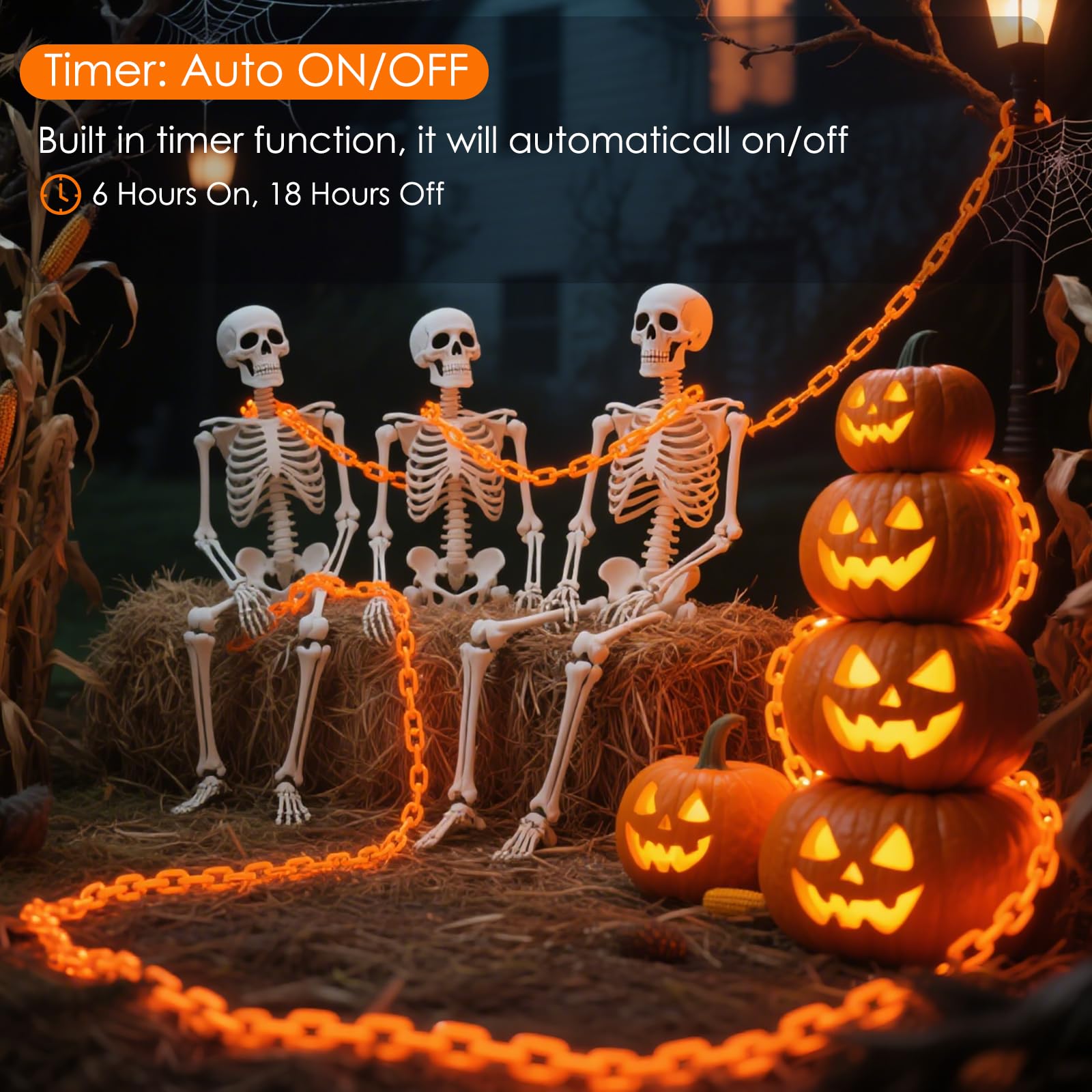 Luci di Halloween a batteria, timer 102 LED arancione prigione catena luci, 8 modalità impermeabili decorazioni di Halloween all'aperto interni casa infestata, zucca, portico, cortile, decorazione per