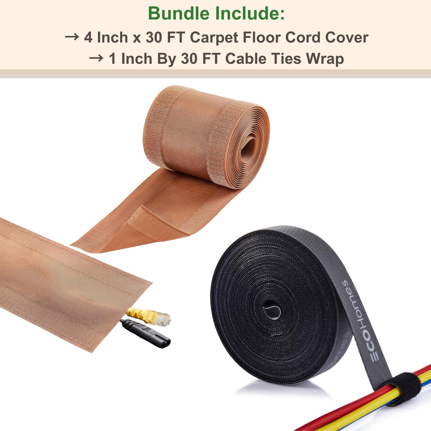 ECOHomes Bundle - 4 Inch x 30 FT Carpet Cord Cover + 1 Inch By 30 FT Cable Ties Wrap