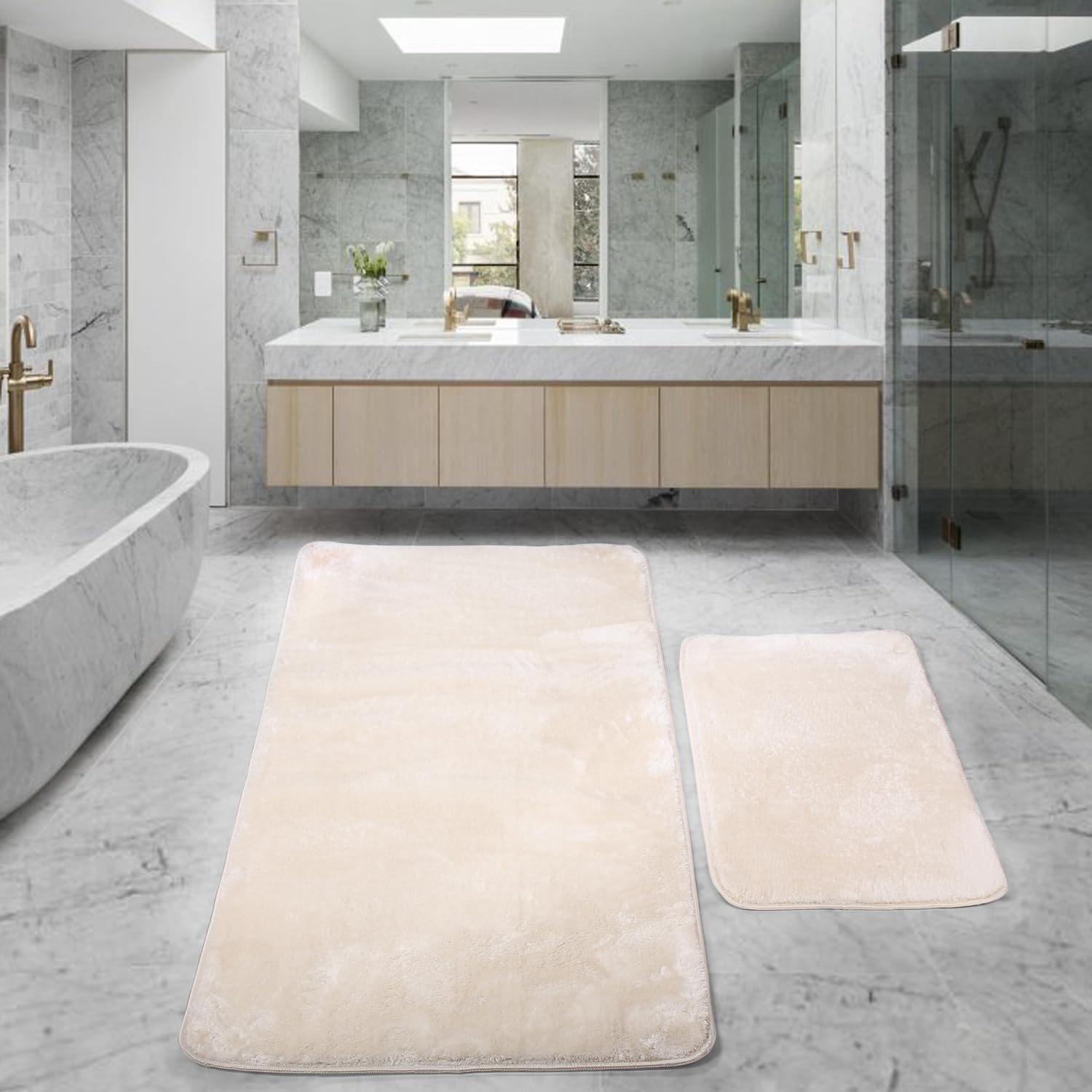 Relax Rutschfeste Badematte, Creme, 2er Set (80x150 cm) + (50x80 cm)