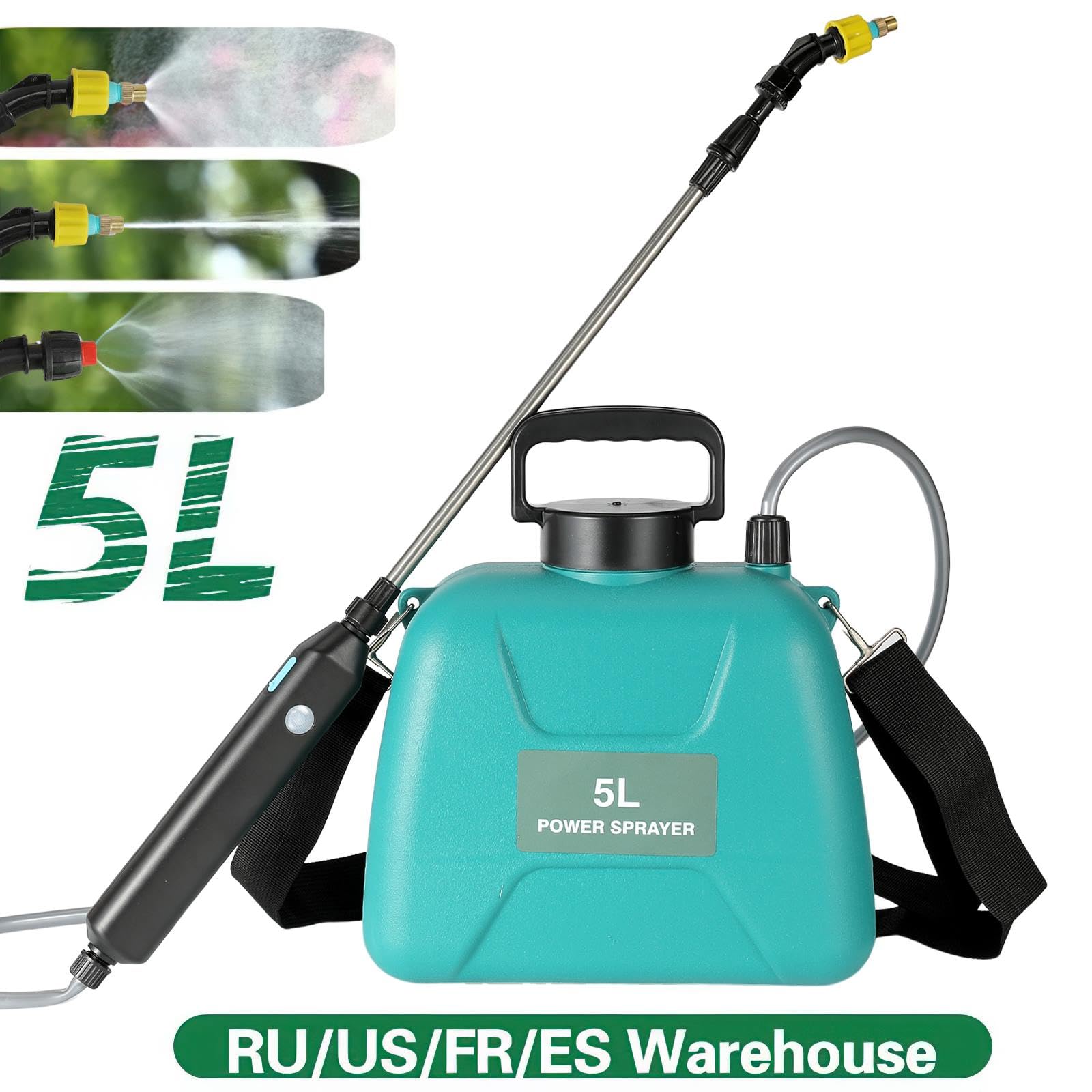 Pulvérisateur électrique 5L,Pistolet Pulvérisateur Télescopique Rechargeable avec 2 Buses,Pulverisateur Toiture,Batterie 2400 mAh pour Le Nettoyage par Pulvérisation des Plantes de Jardin (Bleu + 5L)