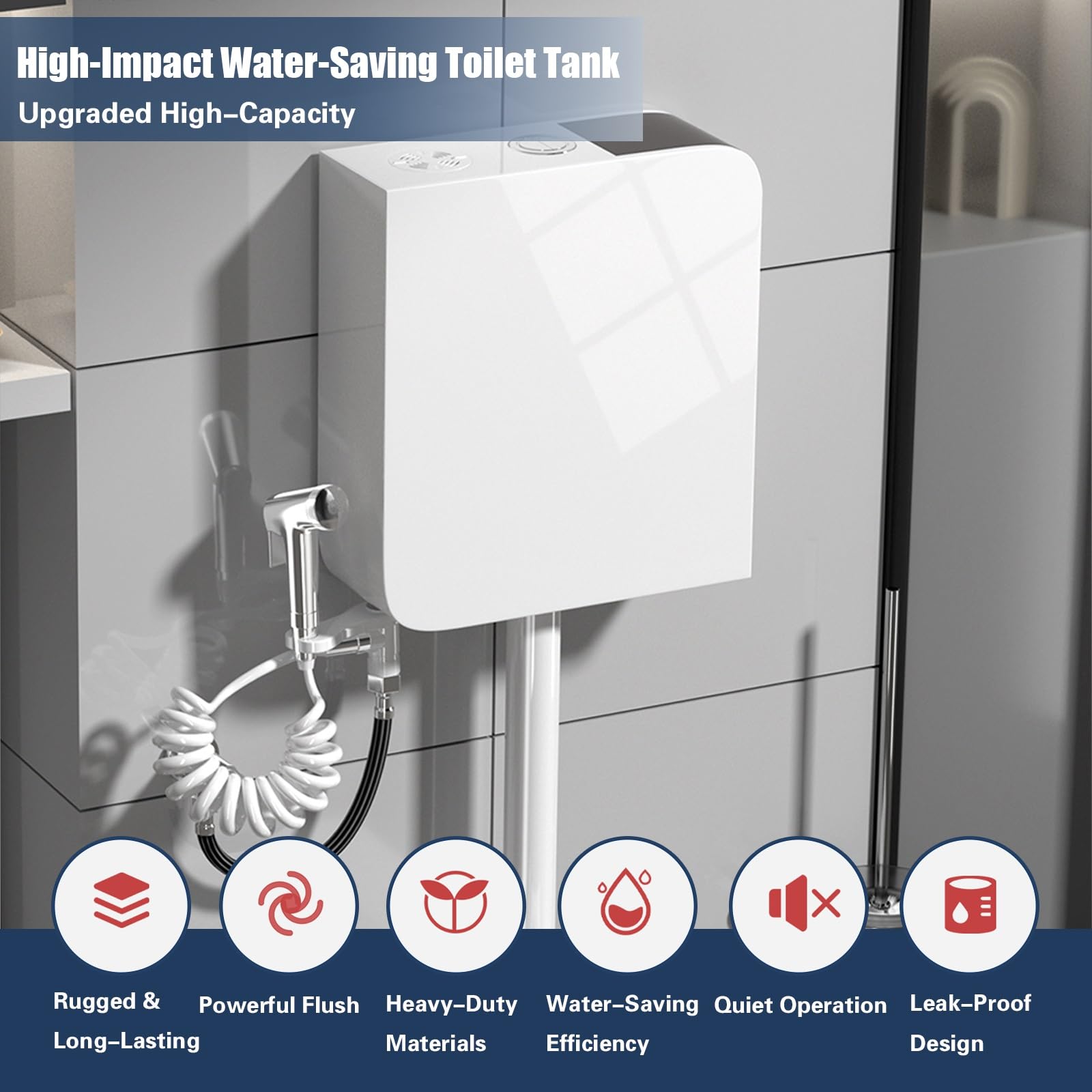 Depósito de inodoro de plástico de perfil bajo, diseño de ahorro de agua, mecanismo de descarga completo incluido, modelo silencioso blanco - ideal para renovación e instalación de baños.