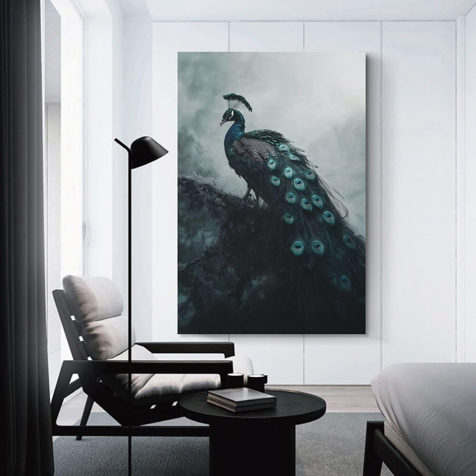 Junmoney Unframe-Style-21 Peacock In Fog Decorative Canvas Print, 20X30inch(50X75cm), For Home, Office, Studio Or Guest Room, Versatile Wall Decor For Many Rooms