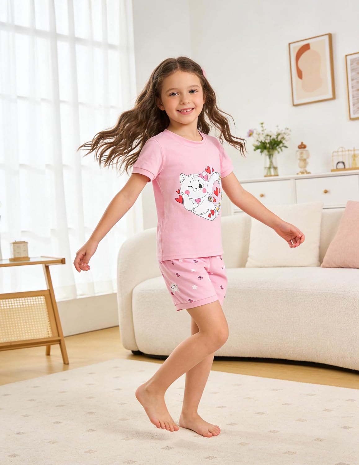 Little Hand Girls Short Pajamas Cute Kitty Cat Jammies for Toddler Daisy PJS Summer Sleepwear Pink Kids 7t