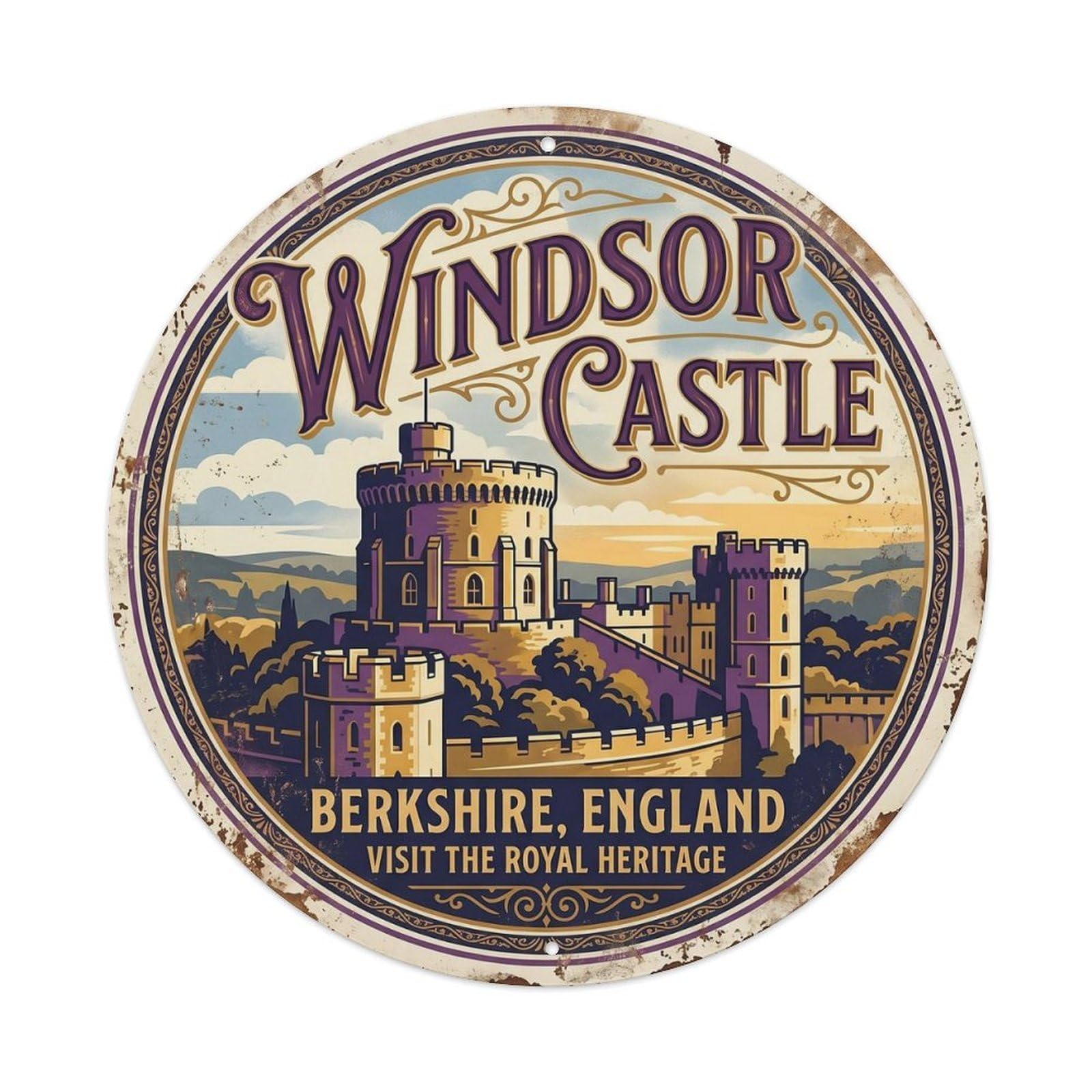 Windsor Castle Royal Classic Cartography Travel Landmark Metal Tin Sign Plaque Wall Decor for Cafe, Man Cave, Club Bar, Office, Home Garden Round Metal Poster 8x8Inch