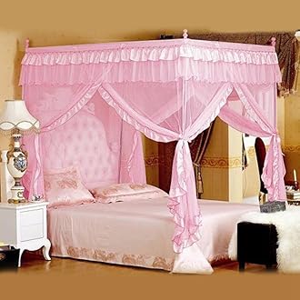 Luxury Princess Four Corner Post Bed Curtain Canopy Netting Mosquito Net Bedding Decoration (No Bracket)(1.5 x 2M / 4.9 x 6.6ft-Pink)
