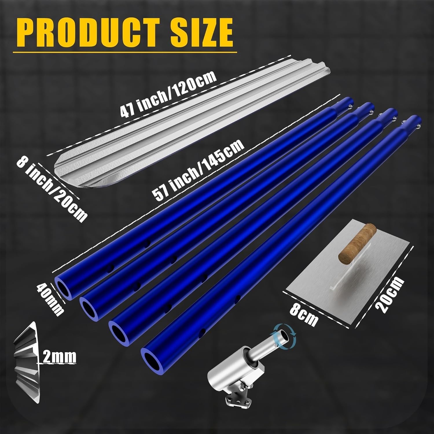 Kit d'outils pour taloche en béton avec truelle ultra longue en alliage d'aluminium et de magnésium et 4 poignées combinables pour plâtrage et nivellement lisses