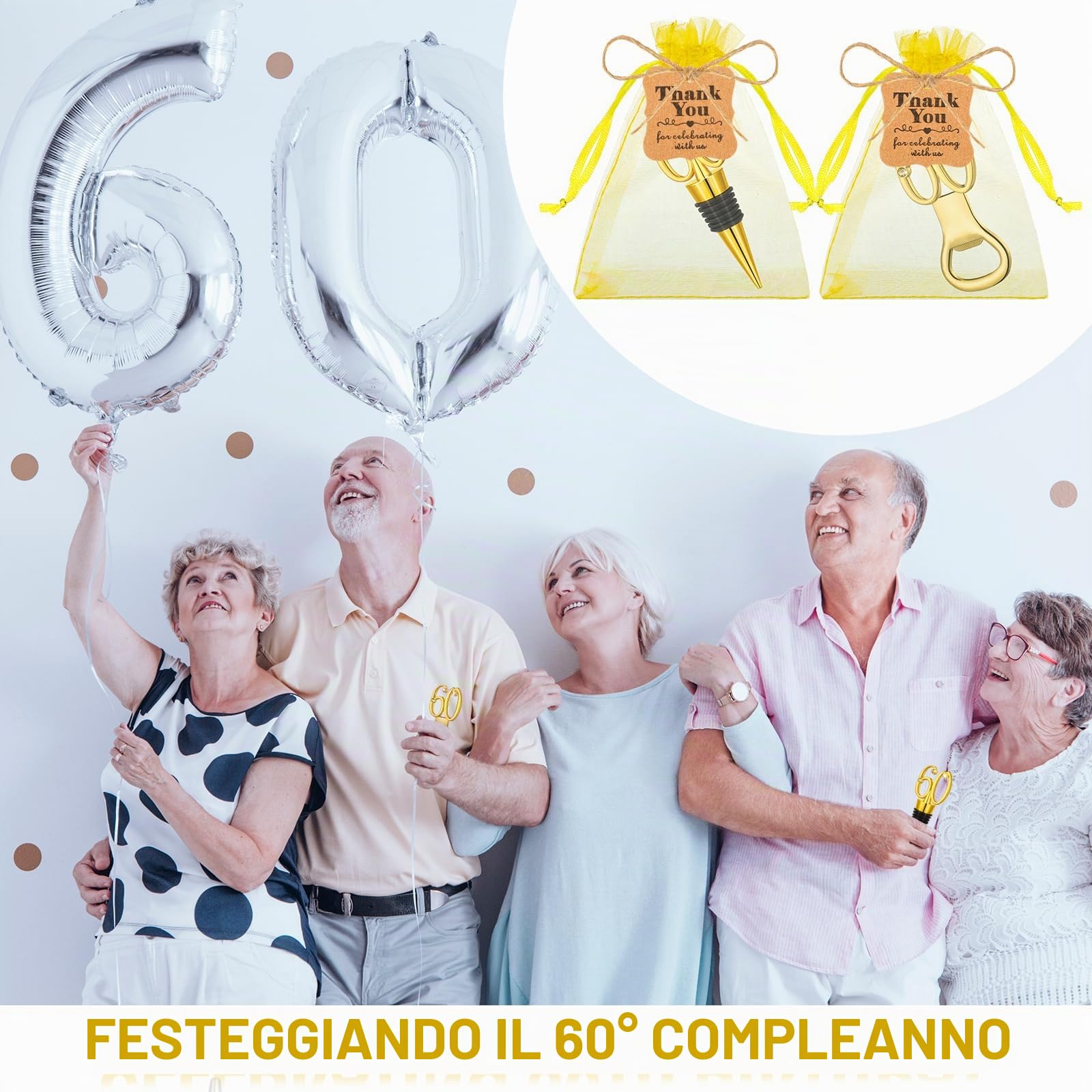 Tioncy Confezione bomboniere 24 per 60° compleanno tappo vino, apribottiglie, etichette e sacchetti in rete per 60° anniversario di matrimonio souvenir
