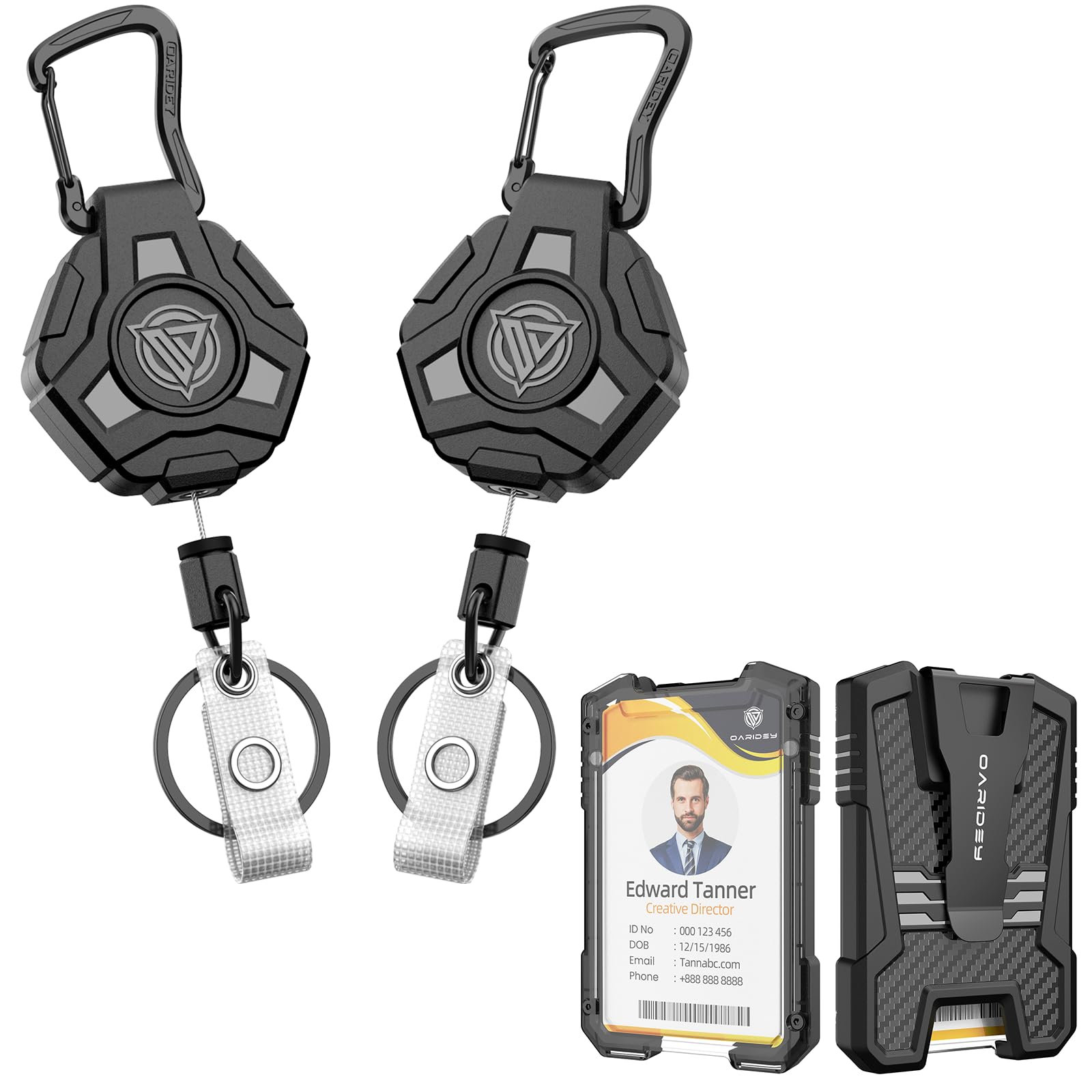 [2+1 Set] 2 Pack Retractable Keychain + 1 Pack Carbon Fiber Badge Holder, Heavy Duty Retractable Badge Holders with Upgraded Zinc Alloy Carabiner, 31.5'' Coated Steel Cord, Bearing 8.0 oz- Black
