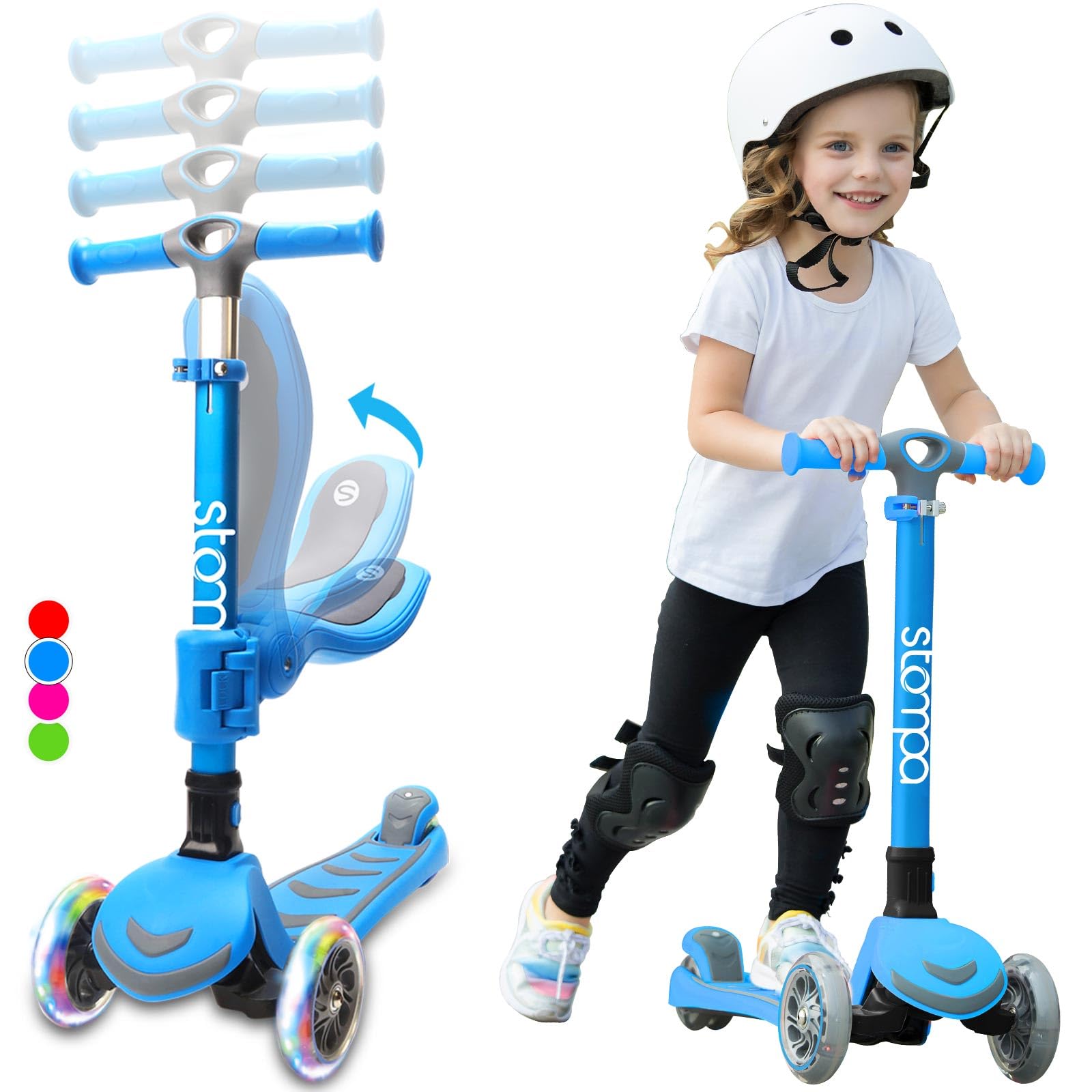 Stompa Kick Scooter for Kids 2-in-1 Light Up 3 Wheel Scooters with 4 Levels Adjustable Handlebar, Foldable Seat, Widen No-Slip Deck for Girls & Boys Ages 3-8 Years Old